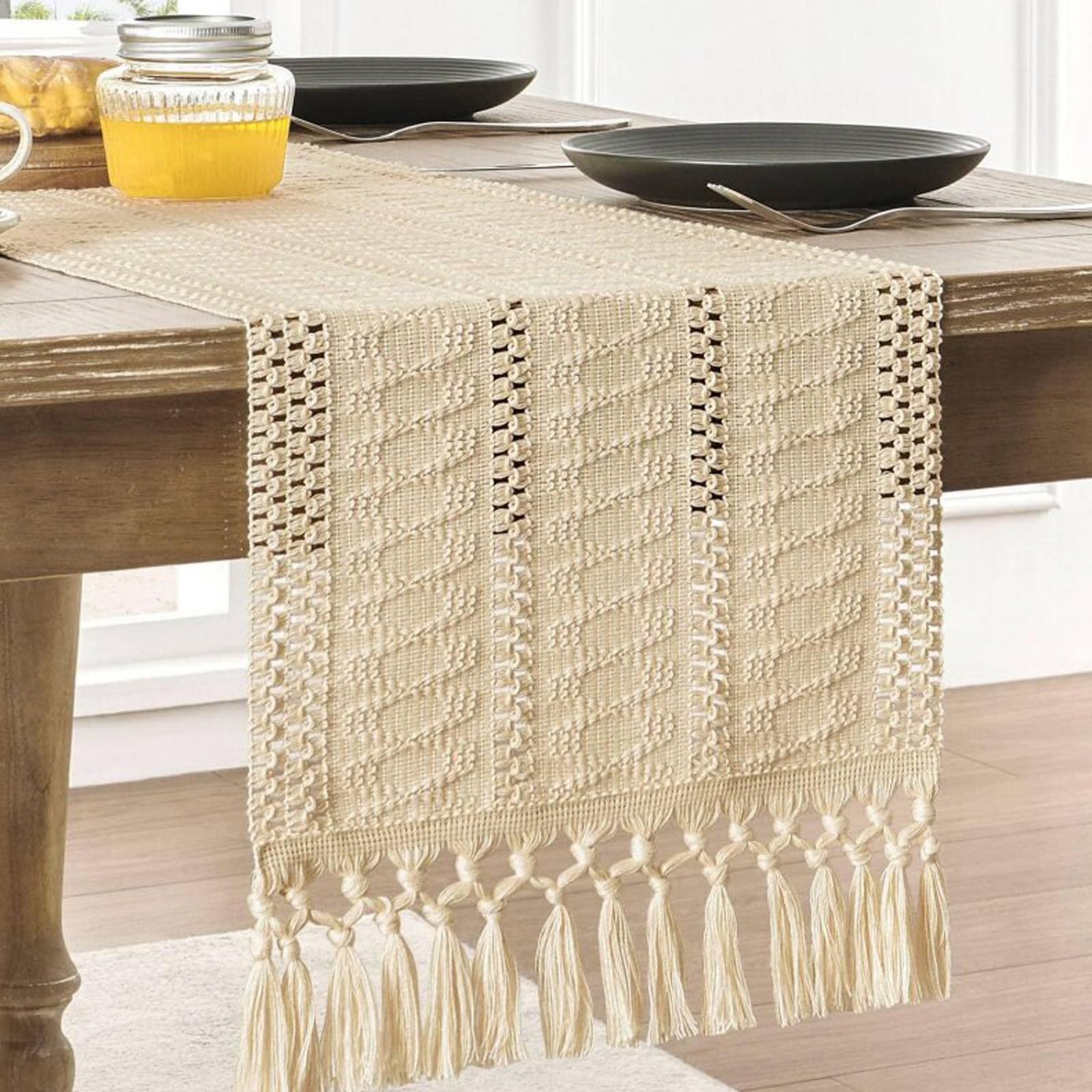 Handmade Knotted Tassel Cotton Linen Table Runner, Hollow Woven Farmhouse Decorative Long Table Runner, for Dining Table, TV Stand, Coffee Table(Beige,140cm/55.1in)