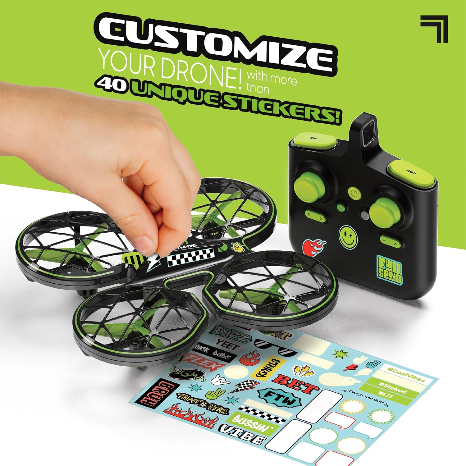 Hand applying a custom decal to the Sharper Image Gamma Drone