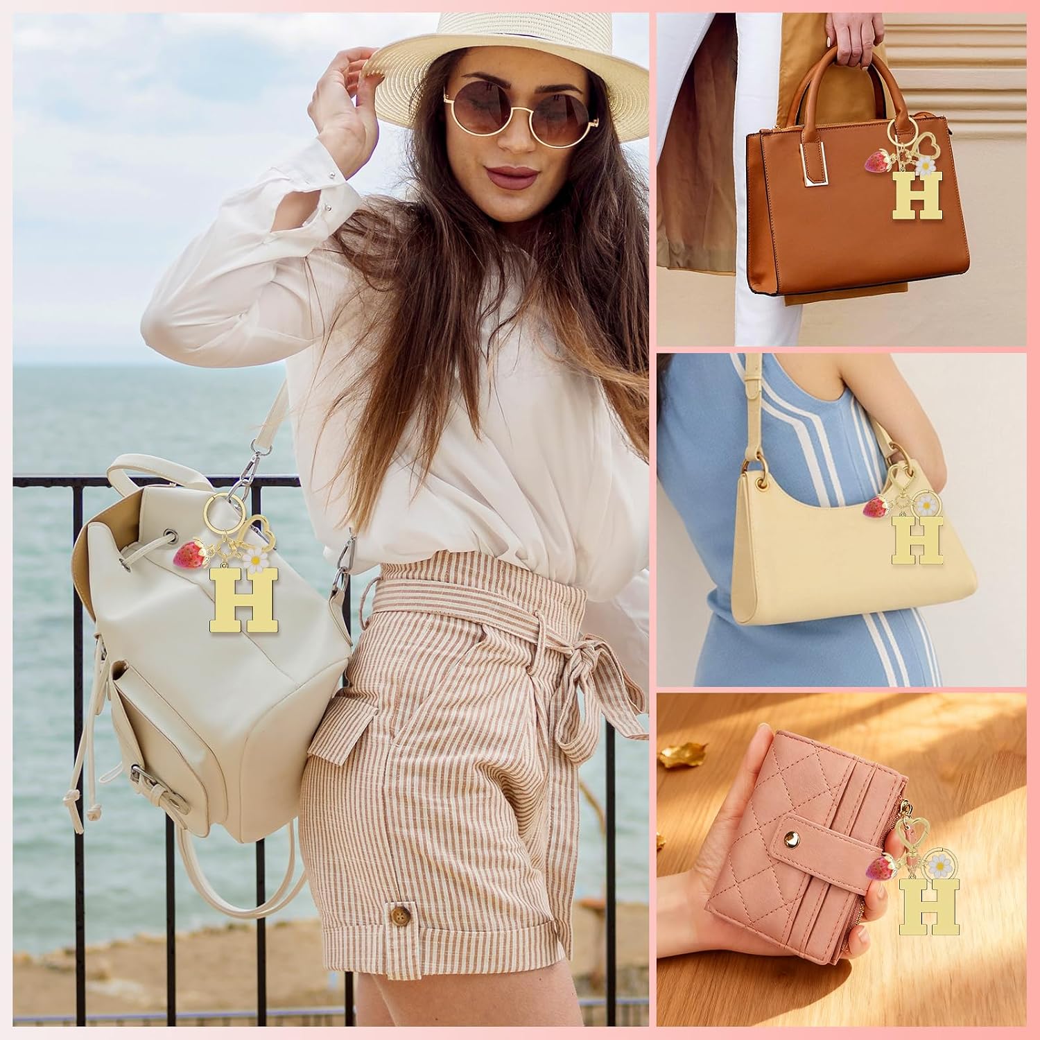Strawberry Initial Keychain for Women Gold Alphabet Bag Charms Cute Flower Letter Key Chain Purse Car Keys Keyring image 5