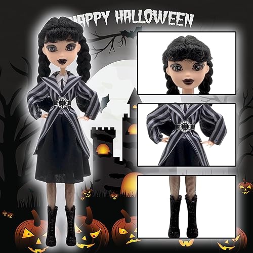 Miniatura 10 de Rugwun Muñecas Addams de 11.5 pulgadas con vestidos negros y puntos de manga larga, hechas para mover muñecas Adams, regalos ideales de cumpleaños