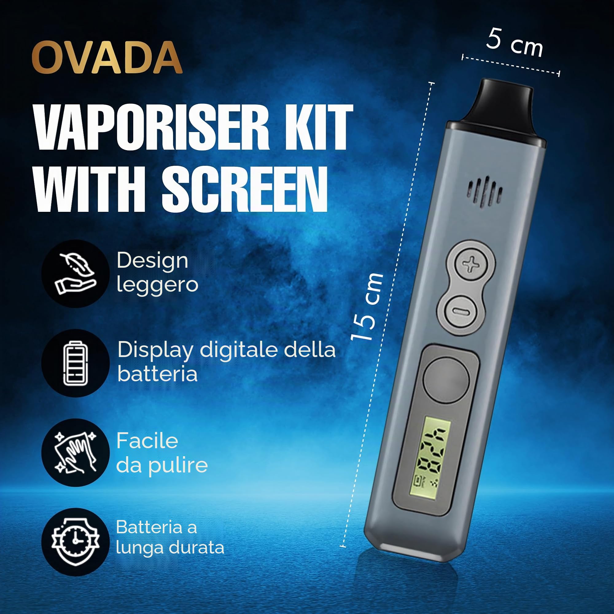 OVADA Vaporizzatore con Schermo | Controllo Temperatura Vapore Secco | Portatile Grande Intervallo Temperatura | Ricarica Rapida in Ceramica | Vapore Erbe (Grigio)