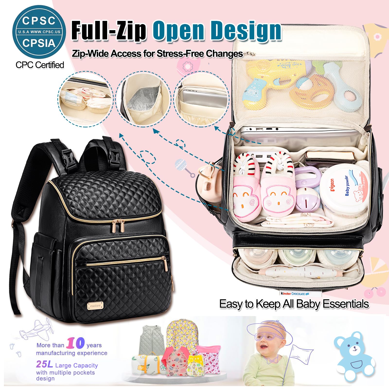 Weitars Mochila para pañales para bebé con cambiador, mochila para pañales de viaje, bolsa de bebé para mamá, 5 bolsillos aislados