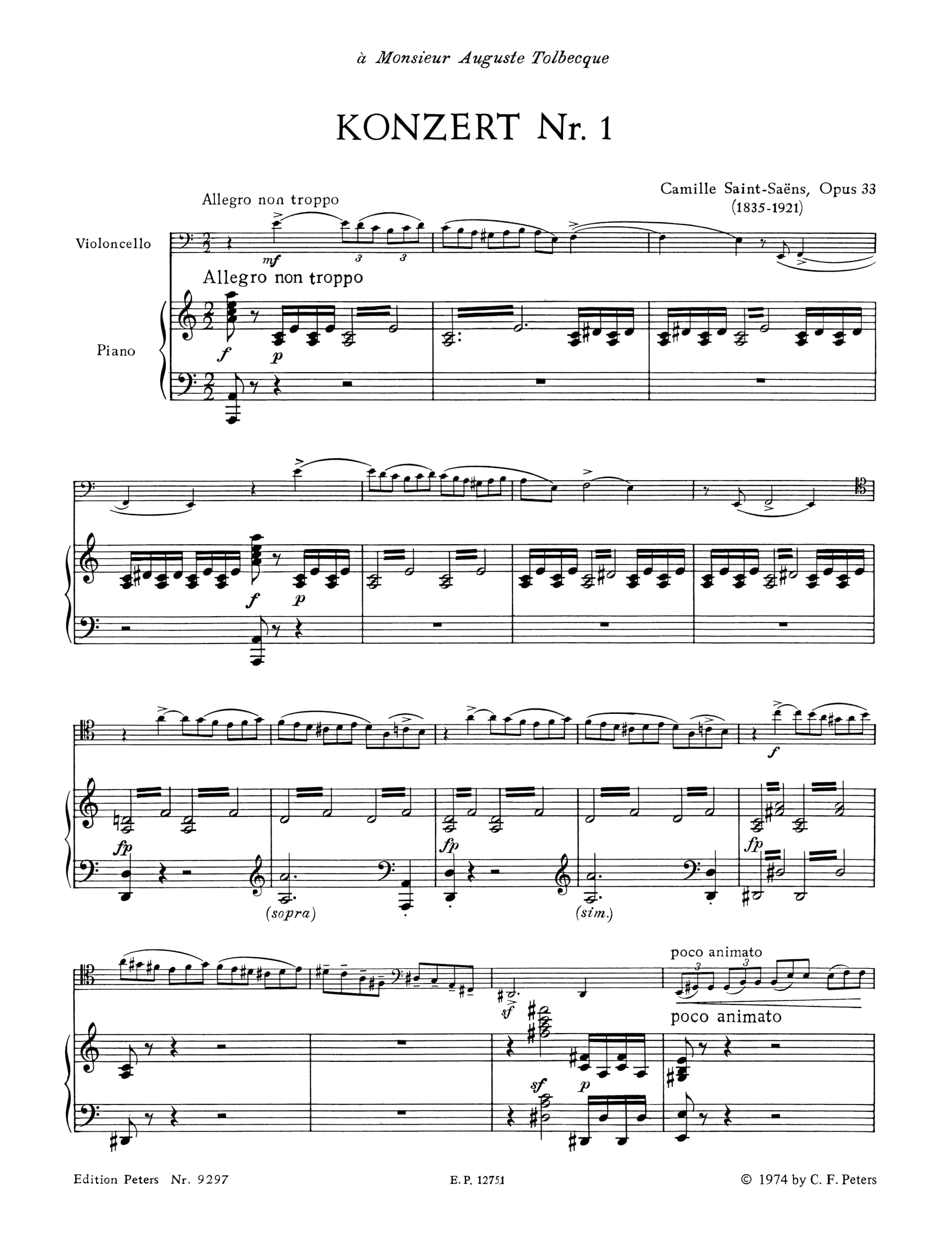 Cello Concerto No. 1 in a Minor Op. 33 Edition for Cello and Piano by the Composer: Edition for Cello and Piano by the Composer
