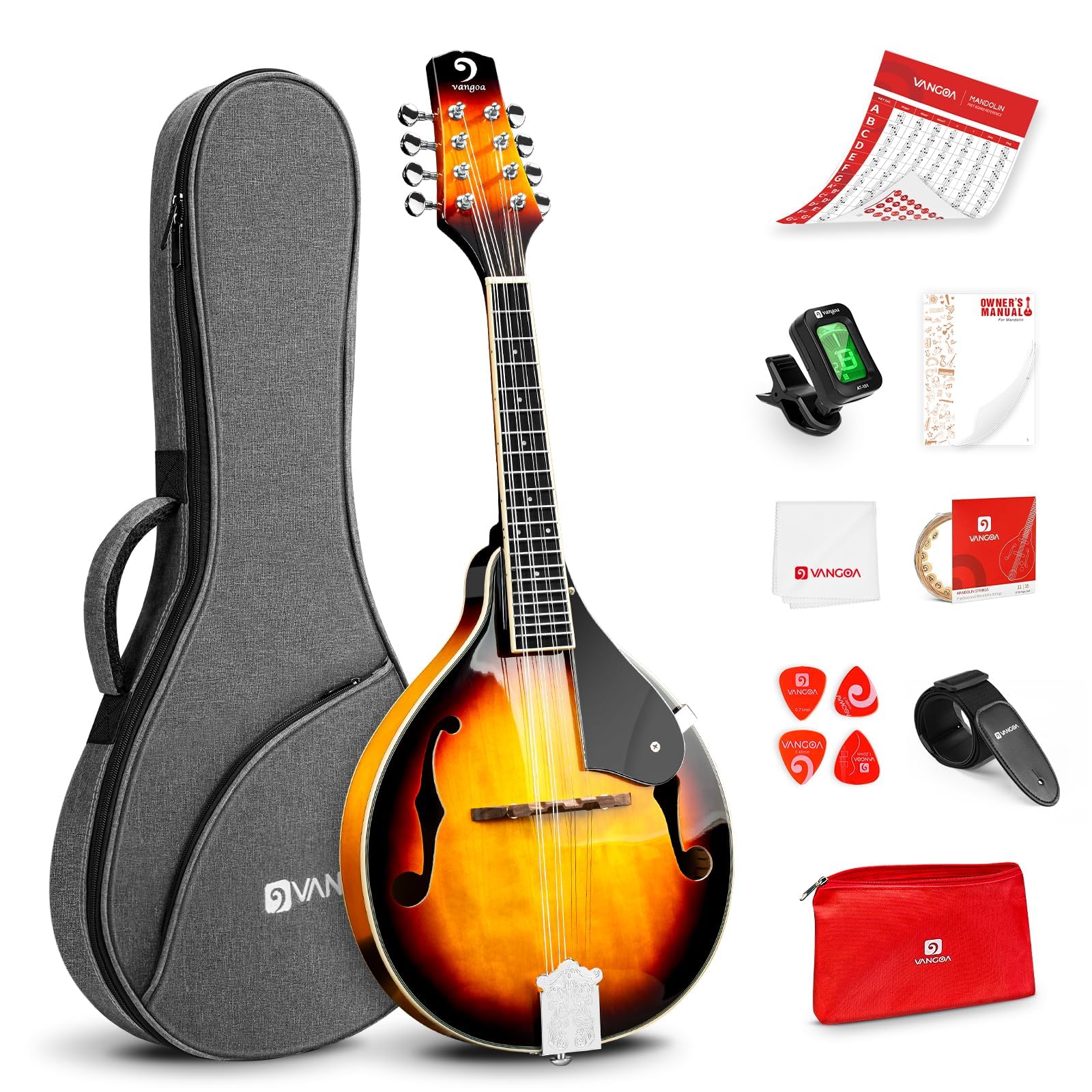 Vangoa Mandolin Musical Instrument A Style, Acoustic Mandolin Instrument Kit Italian 8 String for Professional Beginners Adults Teens Youth Kids, Sunburst, Glossy