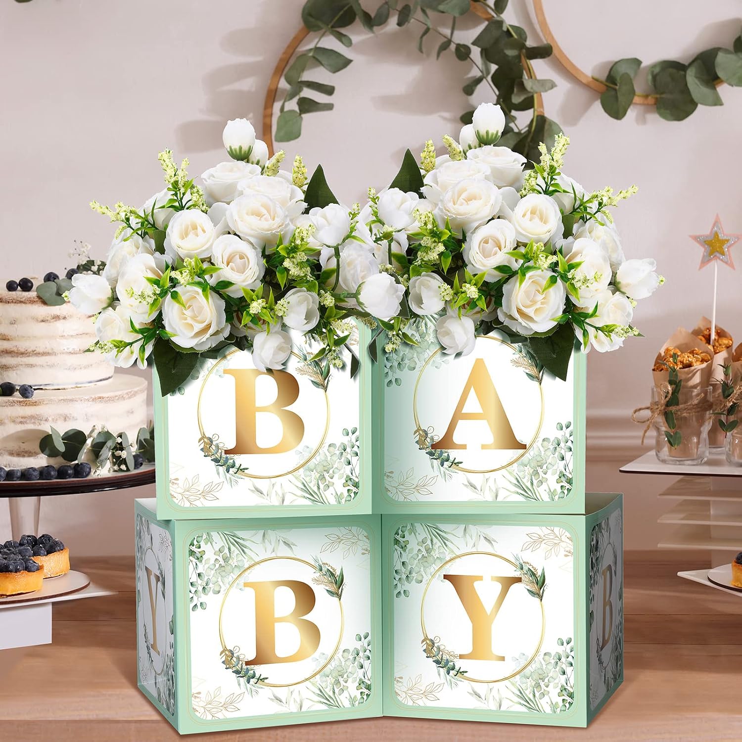 Bucherry 6 Pcs Baby Shower Centerpieces with Letters, 7" Baby Blocks Flower Boxes for Table Decorations, Gender Reveal Party Supplies & Photo Props(Green,Sage Green Leaf)