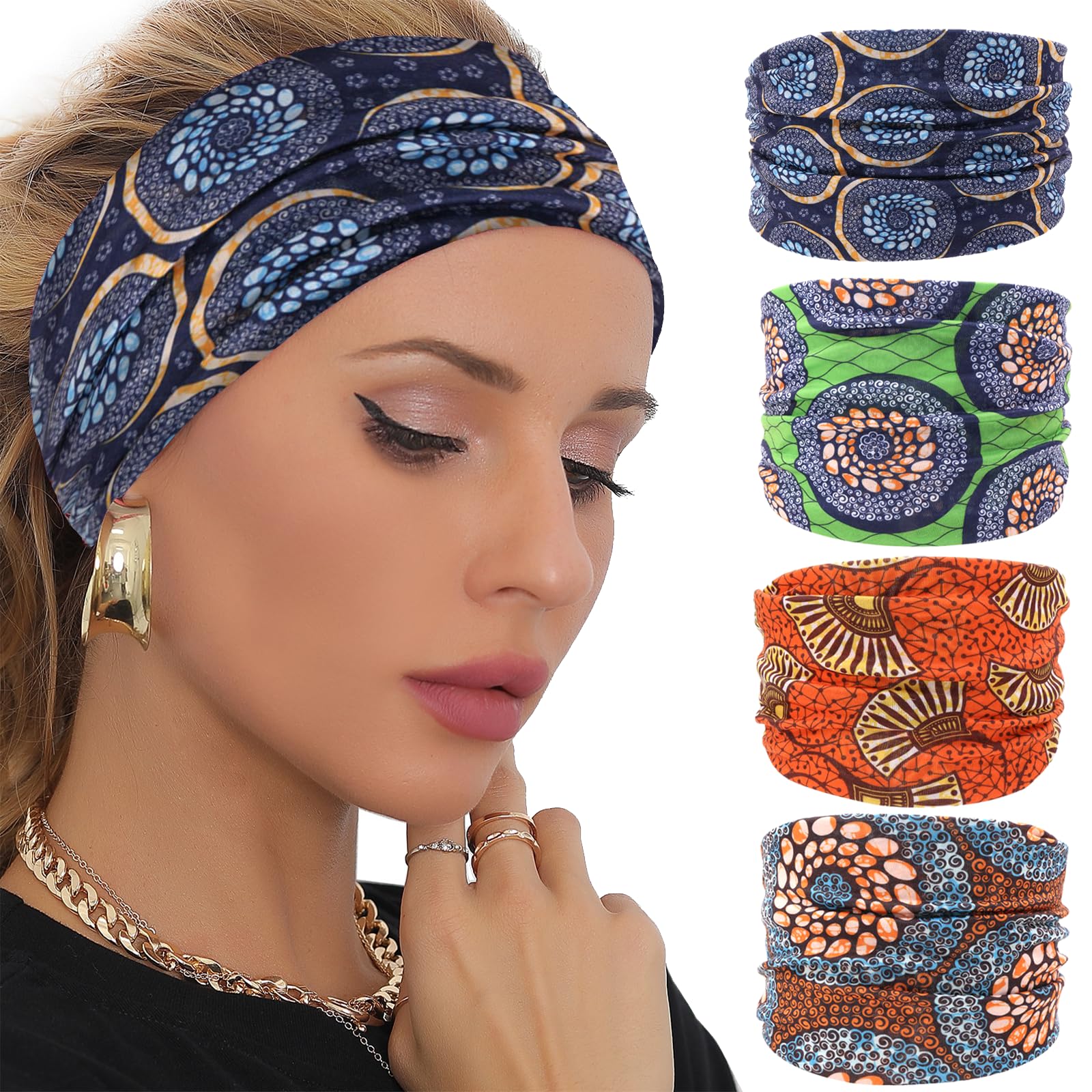 SAWINDA Boho Headbands for Women Elastic Wide Headbands Fashion Hair Twisted Knot Accessories NonSlip Soft Workout Yoga Sports Hair Bands Muti-color Sweats Hair Wrap for Girls (Pack of 4)