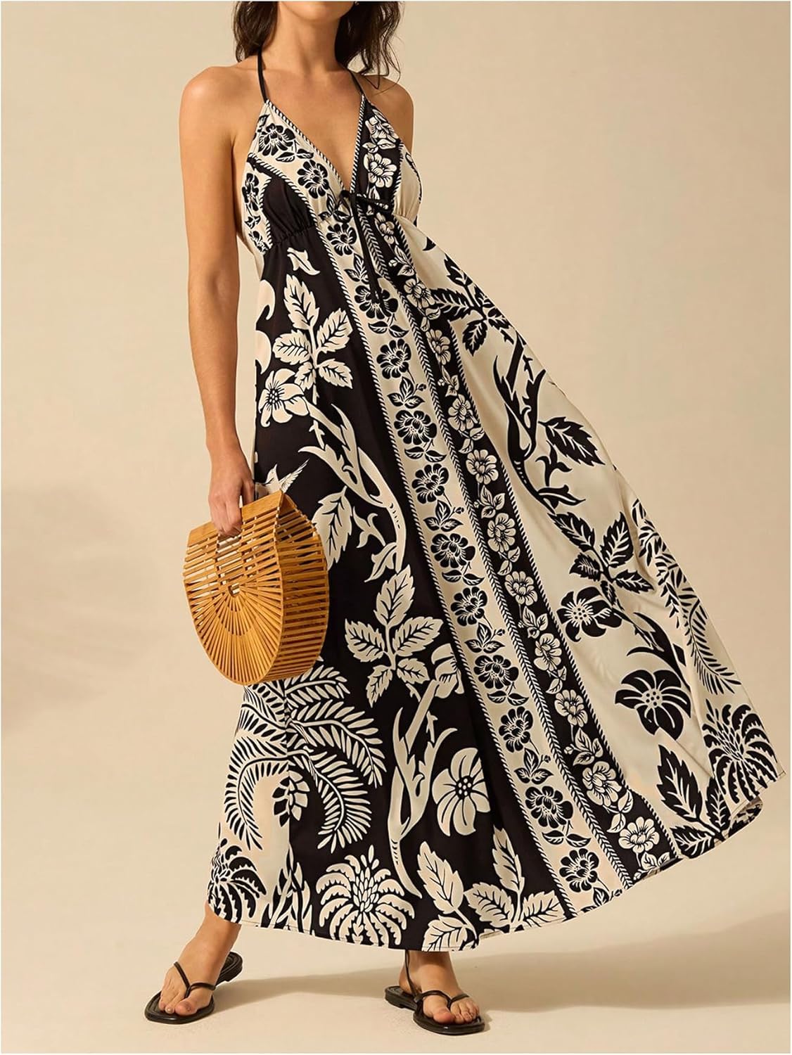 SOLY HUX Women's Boho Floral Print Maxi Dress Halter Backless Flowy Long Vacation Beach Summer Dresses - Image 4