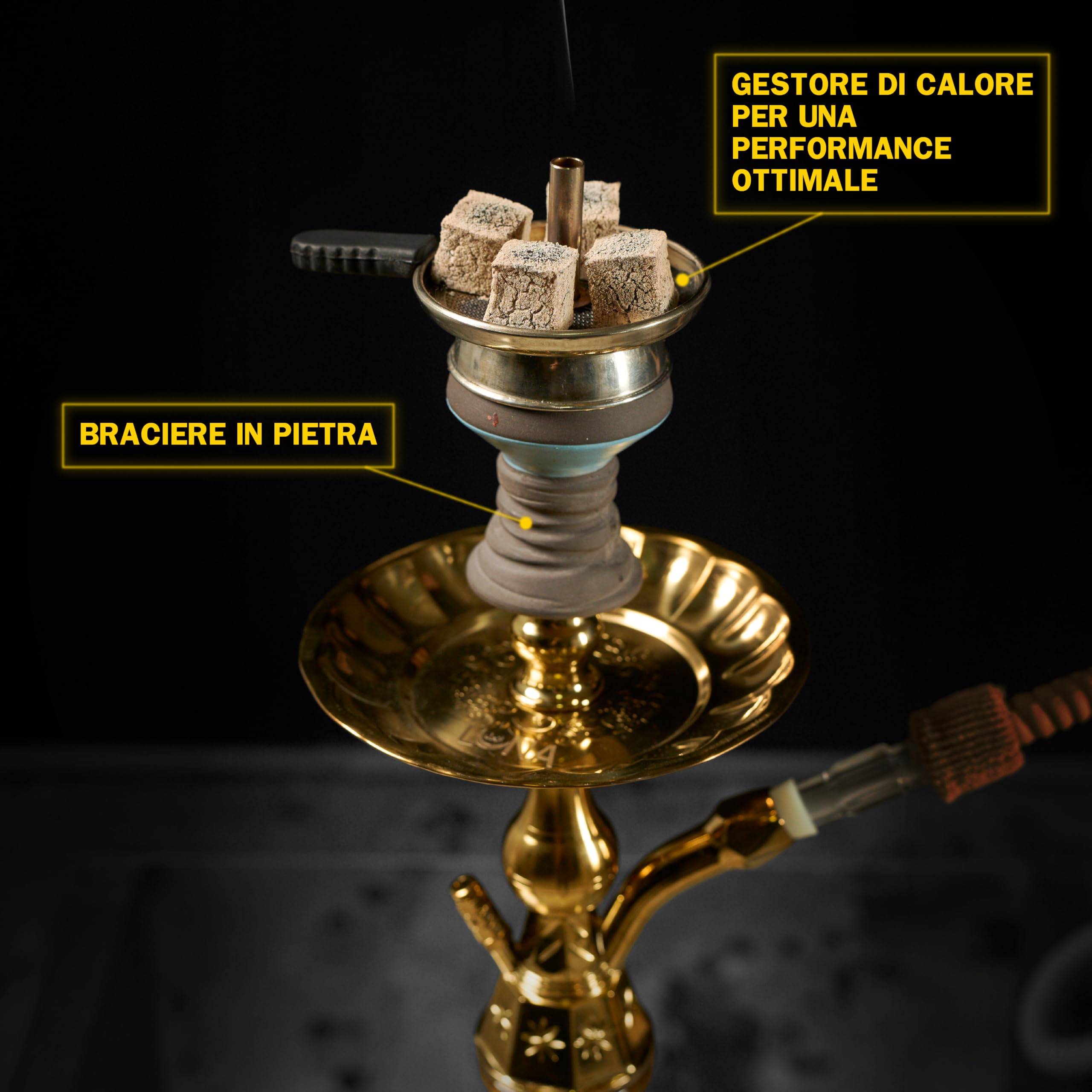 Dark Shisha Cachimba Tradicional Luna Ámbar 44,5 cm + 50 Boquillas Desechables de Colores | Set Completo con Manguera Tradicional, Cazoleta de Piedra, Chimenea, Pinza y Juntas
