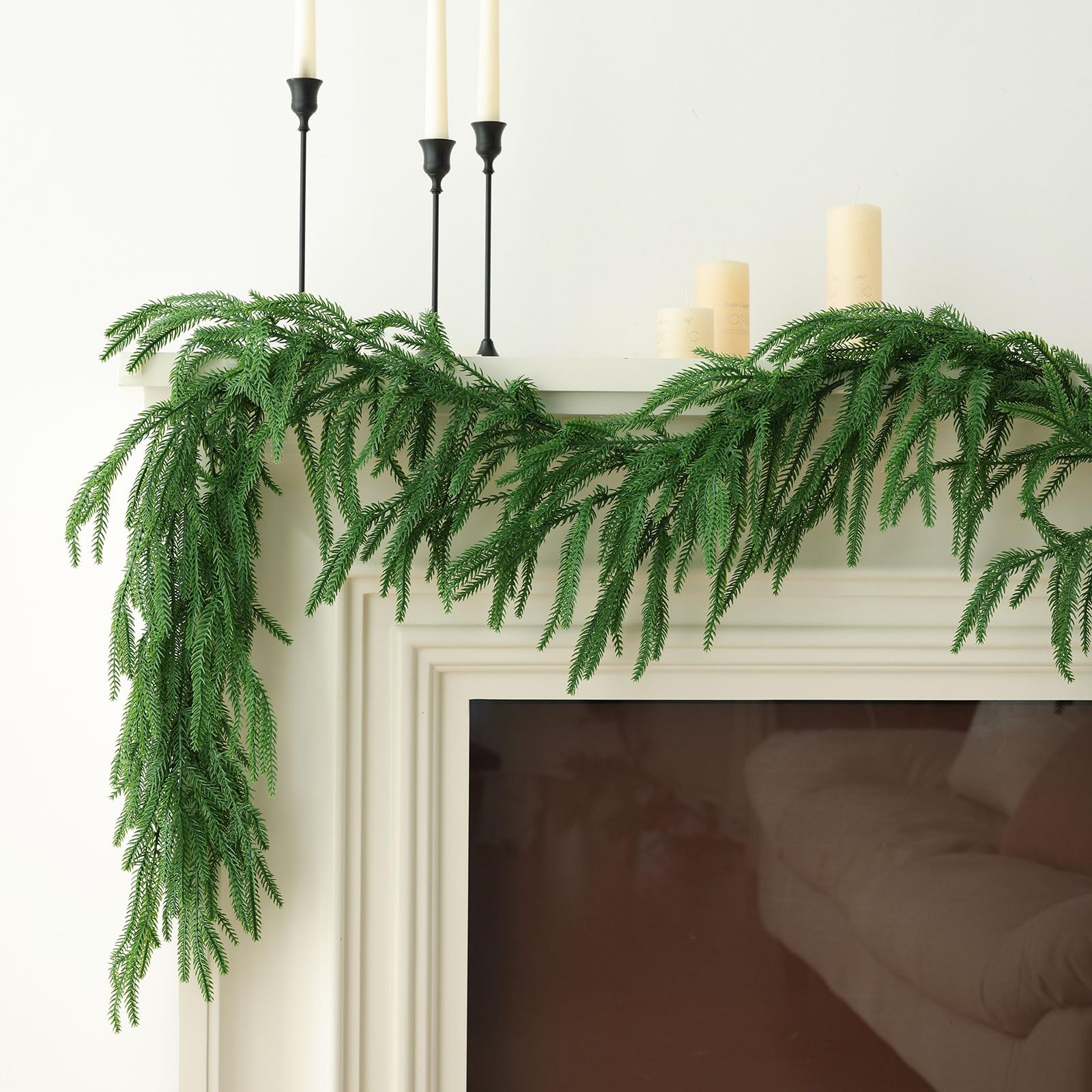 MIZII Guirnalda de Navidad de 6 pies, guirnalda de pino artificial de Norfolk de tacto real, guirnalda de pino sintético de Norfolk, decoración de Navidad para Navidad, chimenea, manto, decoración del