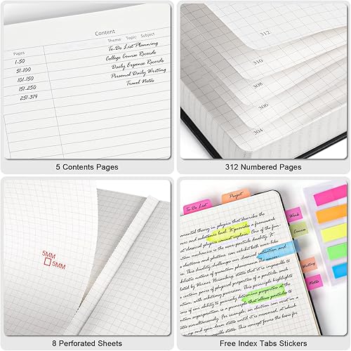 Miniatura 3 de Cuaderno de papel cuadriculado, 312 páginas numeradas A5, diario de cuero de tapa dura, cuaderno de papel cuadriculado de 3.53 ozm, con páginas de