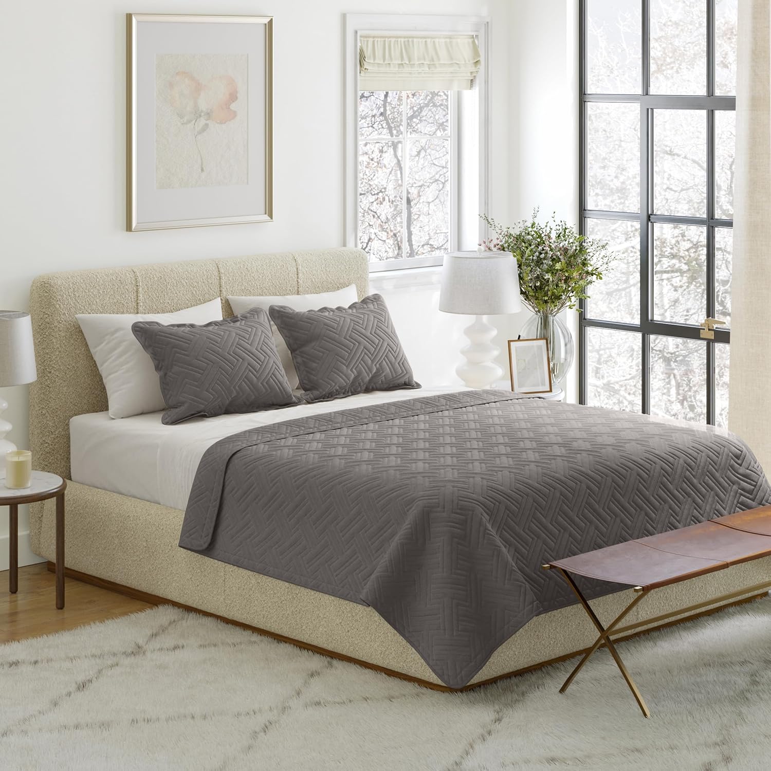 Lavish Home 3-Piece Queen Quilt Bedding Set - Queen Bedspread and 2 Pillow Shams with Embossed Diamond Pattern - Lightweight Bed Set for All Seasons - Soft Microfiber Coverlet (Gray)