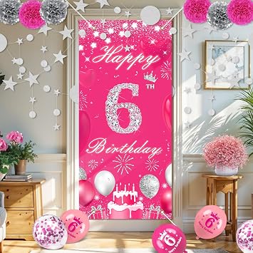 TSVATE 6th Birthday Decorations for Girls, Daughter, Pink 6 Year Old Girl Birthday Decorations, Happy 6th Banner, Backdrop, Yard, Door, Wall, Number 6 Balloon, Pompoms, Star Garland