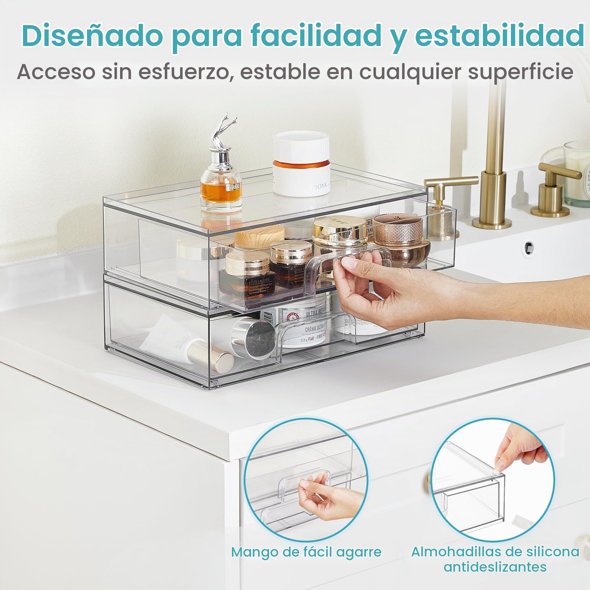Vtopmart Caja de almacenamiento con 3 cajones, organizador de tocador transparente, cajón organizador antideslizante para baño, tocador y escritorio.