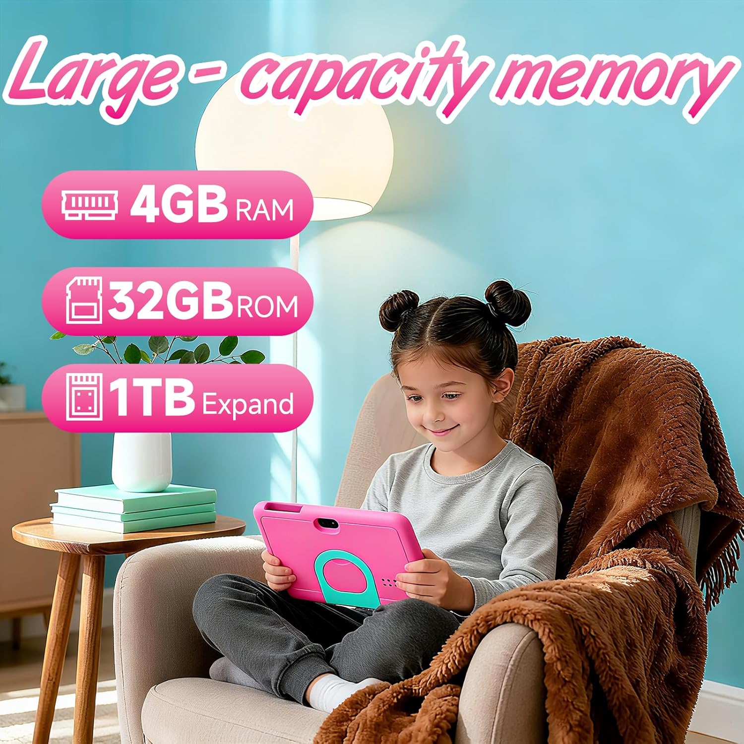 Young girl sitting comfortably, using the HDTABLET Q8K Kids Tablet, highlighting its large memory capacity (4GB RAM, 32GB ROM, 1TB Expandable).
