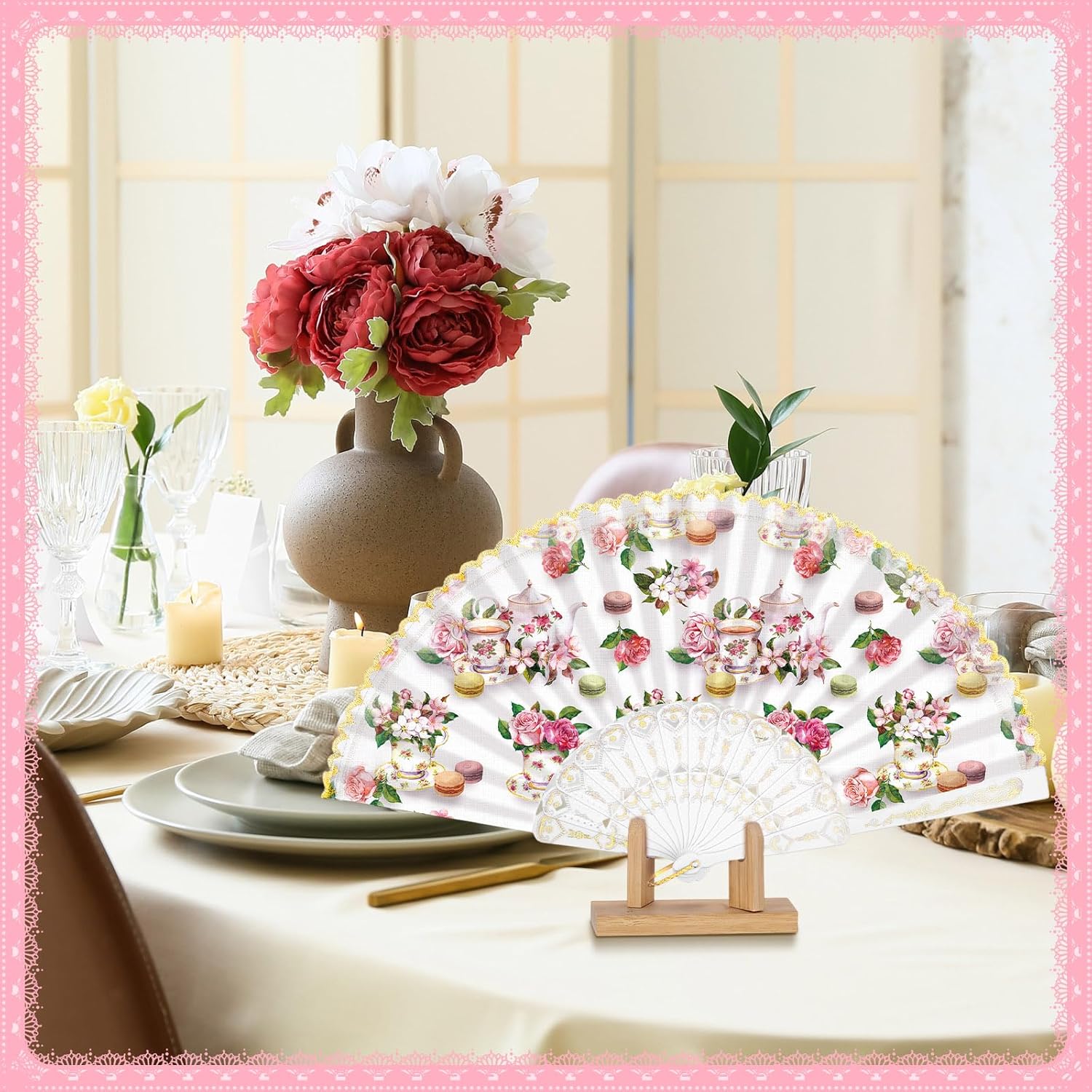 CroBlissful 25 Set Tea Party Bridal Shower Favors with Folding Hand Fans, Floral Lace Fans Bulk with Thank You Cards and Organza Bags, Tea Theme Wedding Shower Party Gifts