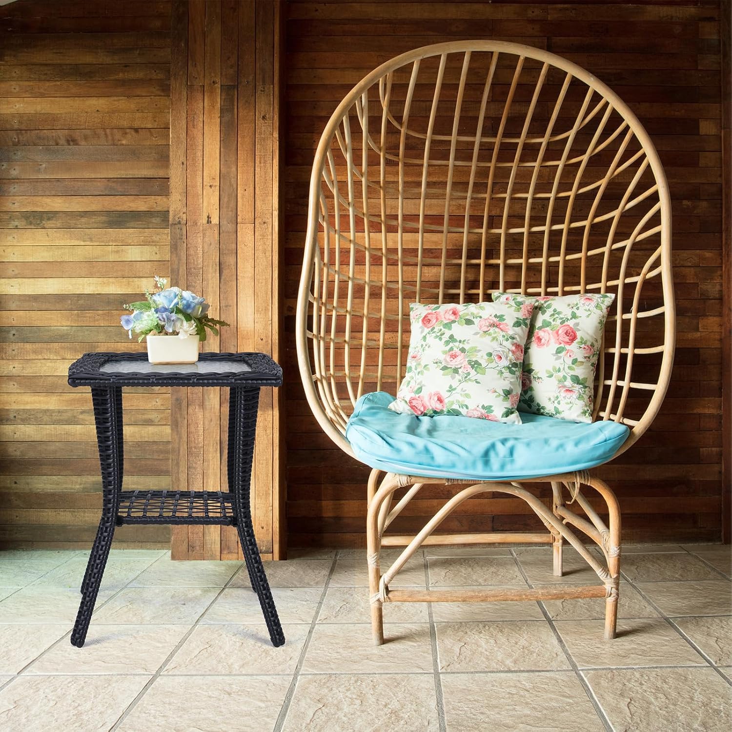 Outdoor Wicker Side Table, Rattan End Table with Glass Top, Patio Coffee Bistro Table for Indoor Garden Porch Balcony, Black