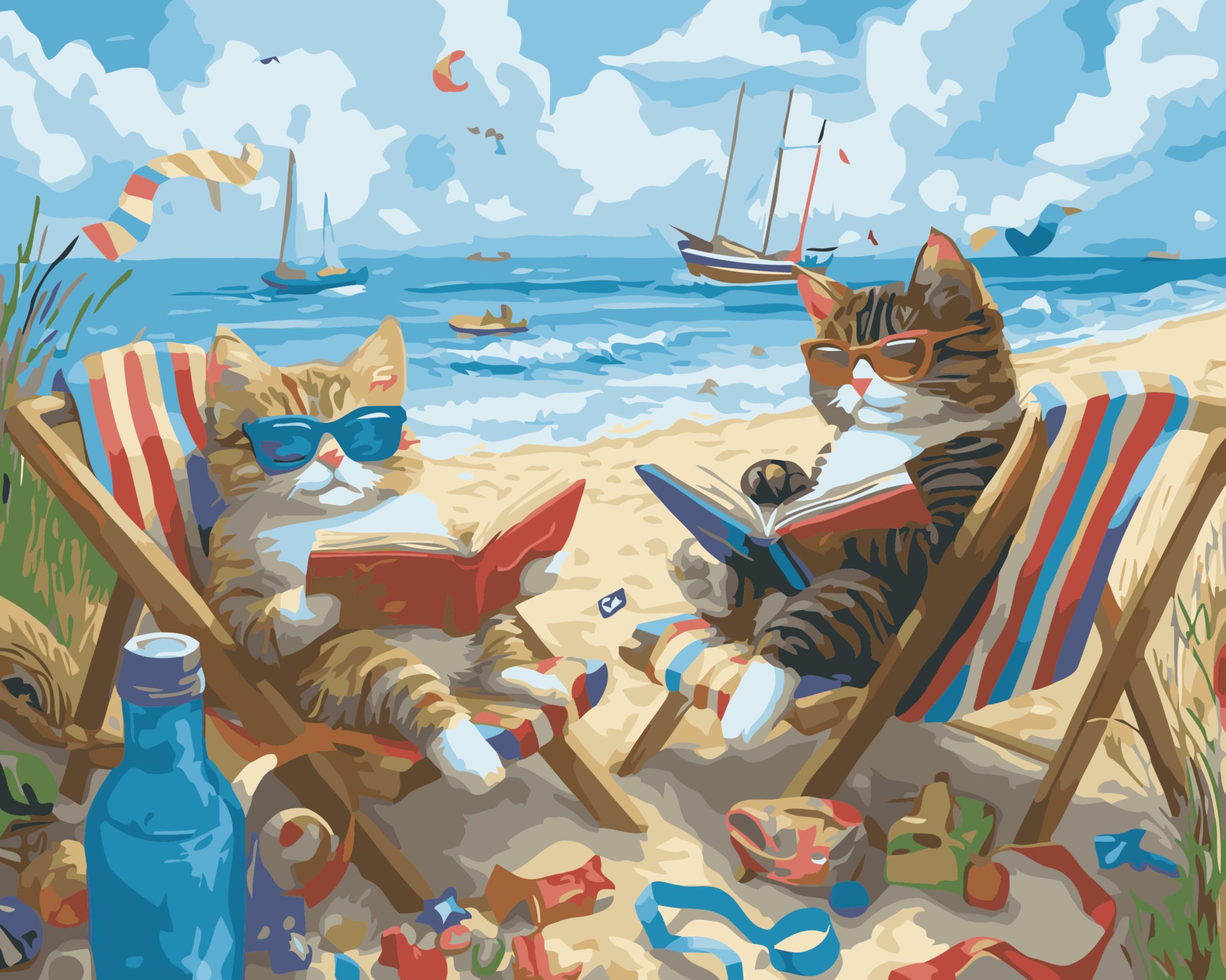 CaptainCrafts Paint by Numbers for Adults Beginner 16x20 Inch DIY Craft Art Paintings Home Wall Decor (Frameless, Beach Casual Cats)