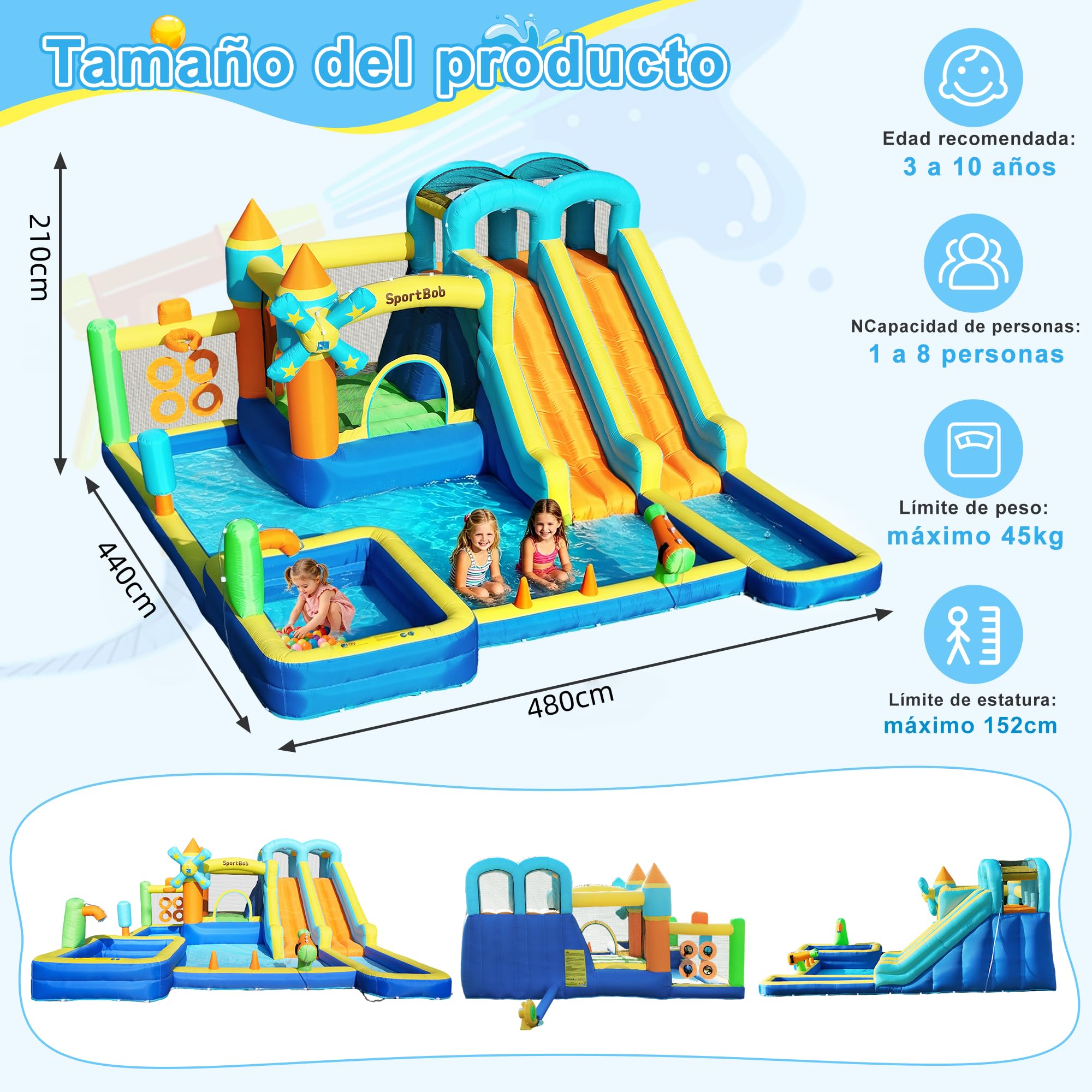 Castillo hinchable con doble tobogán, soplador, piscina infantil, zona de salto y pared de escalada, ideal para uso en interiores y exteriores, reuniones familiares y ocasiones de cumpleaños