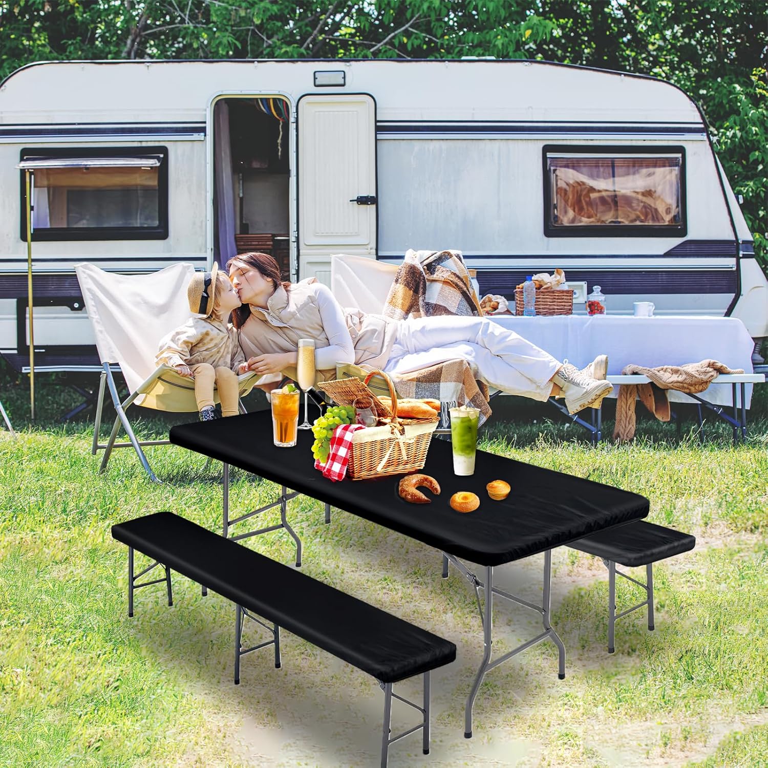 Picnic Table Cover with Bench Covers, Camping Essentials, Fitted Camping Tablecloth with Drawstring Bag, Waterproof and Oil-proof with elastic Edge for Indoor Outdoor Patio, 72in (Black) - Image 4