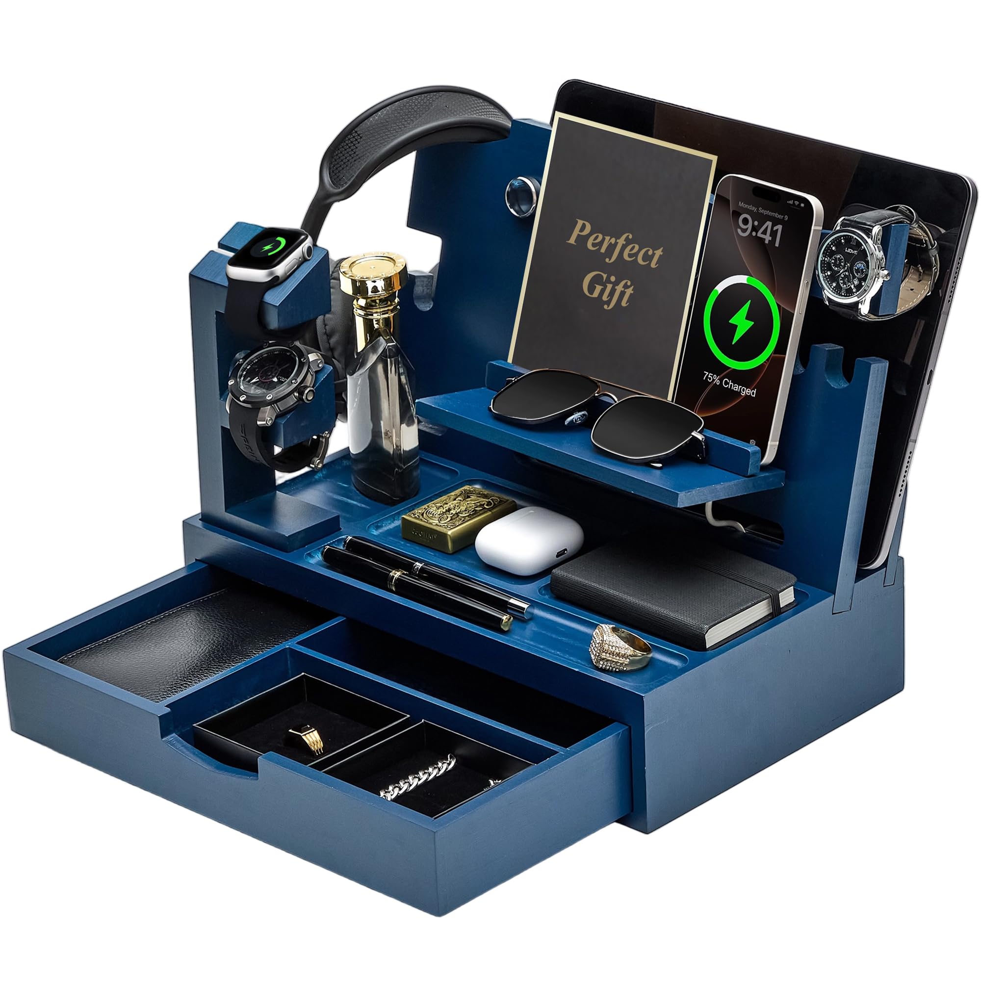 Nightstand Organizer for Men with Large Drawer, Birthday Gifts for Men, Phone Docking Station, Bedside Organizer for Nightstand for Apple Watch, Laptop (Blue, Solid Wood)-image-48