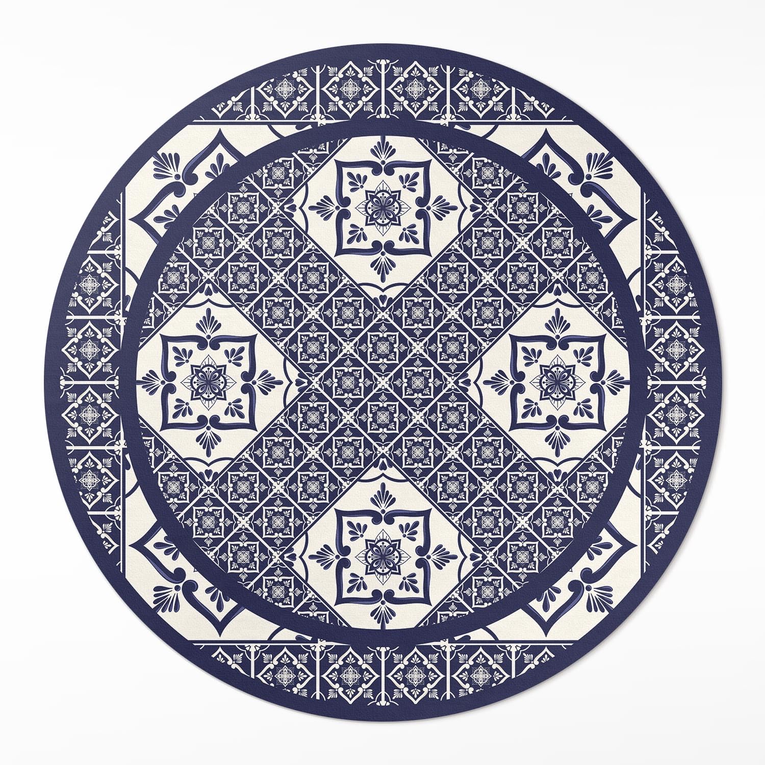 Tapis vinyle rond ø70 cm imitation tuiles portugaises pour une cuisine moderne et chic