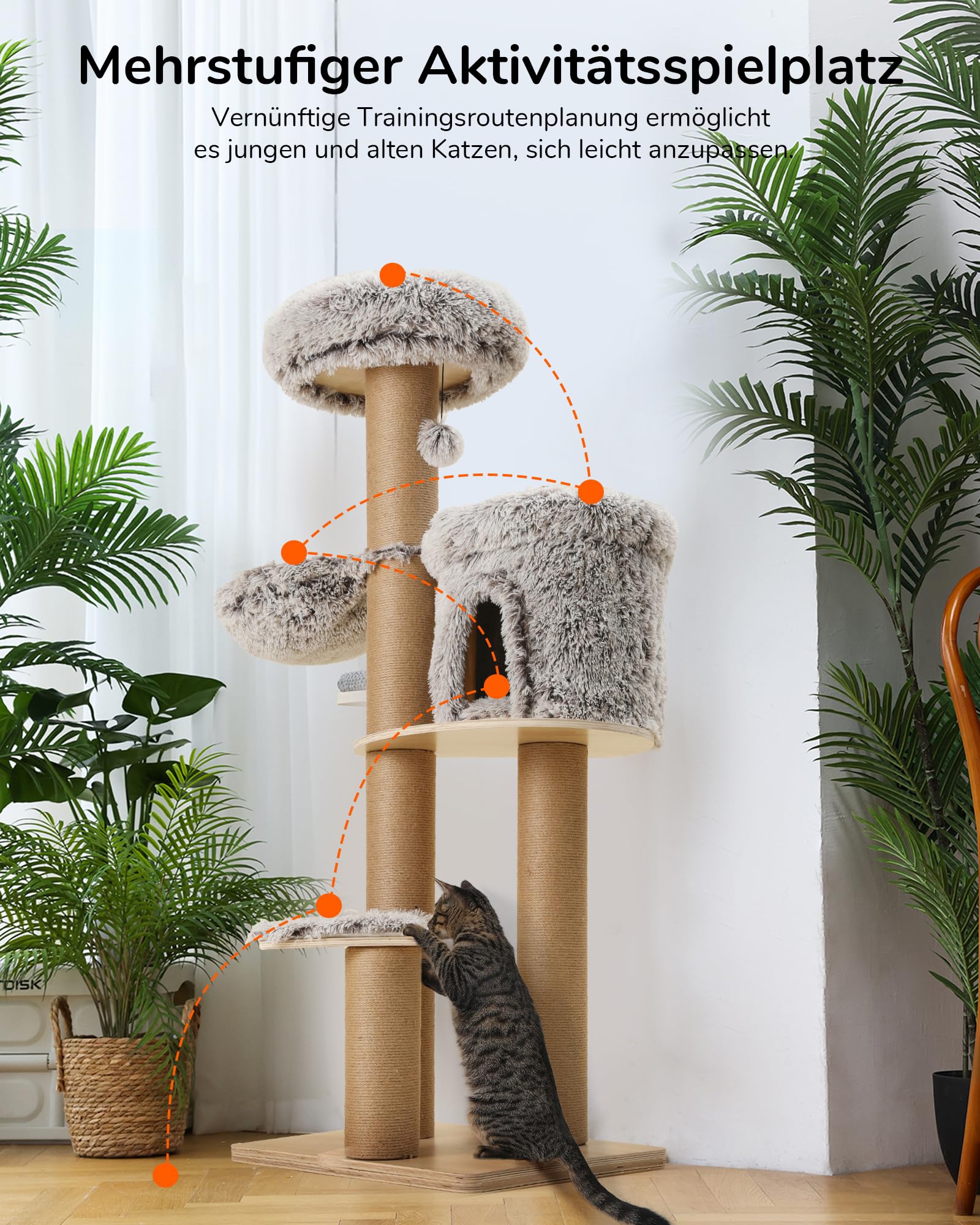 FUKUMARU Kratzbaum für Katzen,155cm Katzenbaum mit sechs 20 cm dicken Kratzsäulen aus Jute, Plüsch-Multi-Level-Katzenkondo abnehmbar, Katzenbaum aus natürlichem