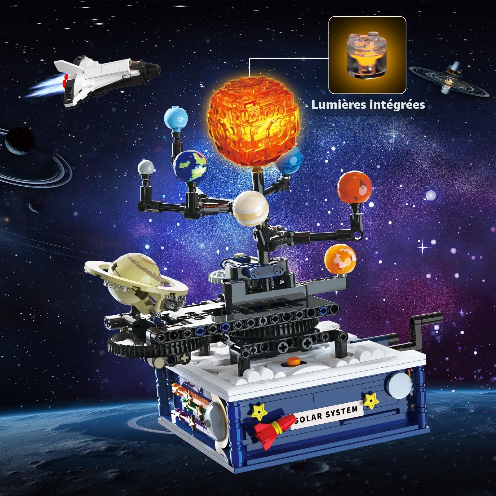 CUBIMANA Technique Système Solaire Jouet de Construction avec lumière – Kit de Construction Rotatif avec 8 planètes et Support de fusée, 775 pièces Cadeaux pour Enfants de 6 Ans et Plus pour garçons