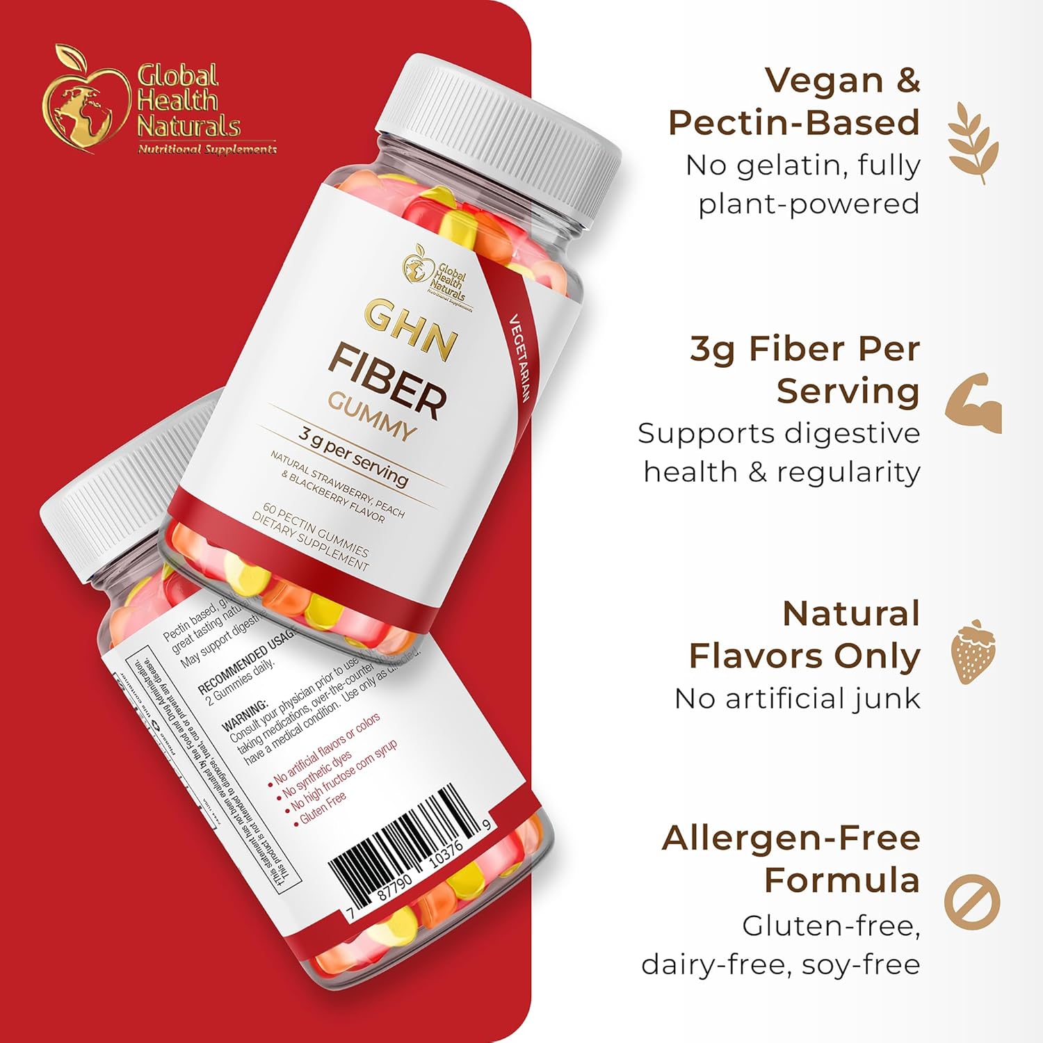 Vegan Fiber Gummies for Adults – 3g Prebiotic Fiber from Inulin per Serving – Natural Strawberry, Peach & Blackberry Flavors – Non-GMO, Gluten-Free, Gelatin-Free – 30 Servings