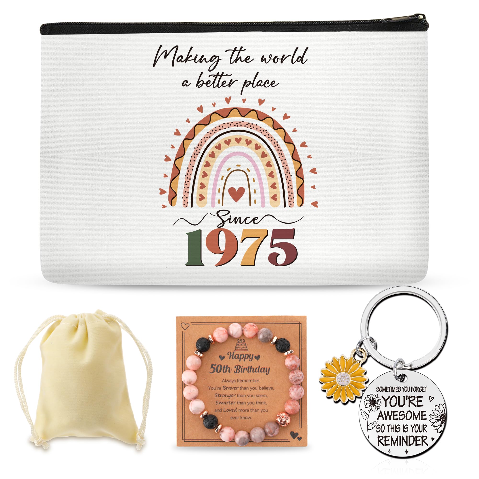 SEAOYOZO 50th Birthday Gifts for Women Her, 1975 50 Year Old Birthday Decoration Makeup Bag With Natural Stone Bracelet And Keychain, Gifts for Woman