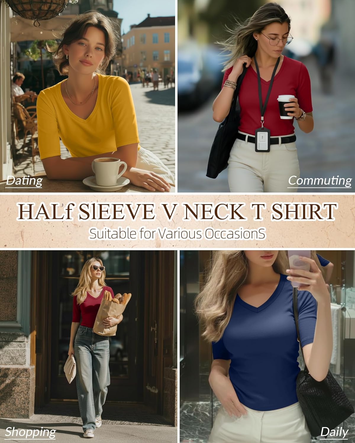 Ficerd 3 Pack Women's Half Sleeve V Neck T Shirts, Mid Elbow Length Sleeve Shirt Slim Fit Tunic Top Casual Summer Tee - Image 2