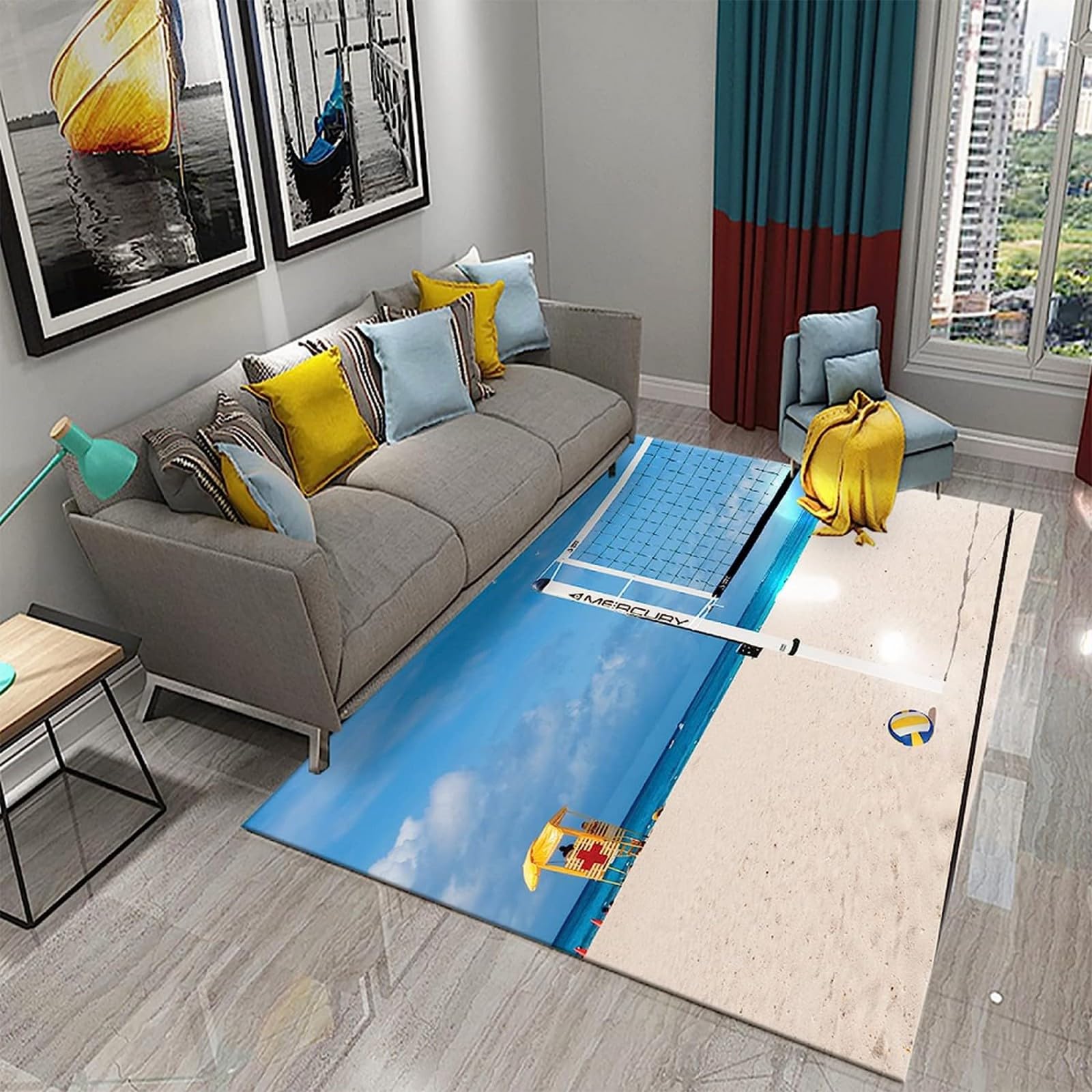Tapis de bienvenue antidérapant 120 x 160 cm motif volley-ball et effet bois teck