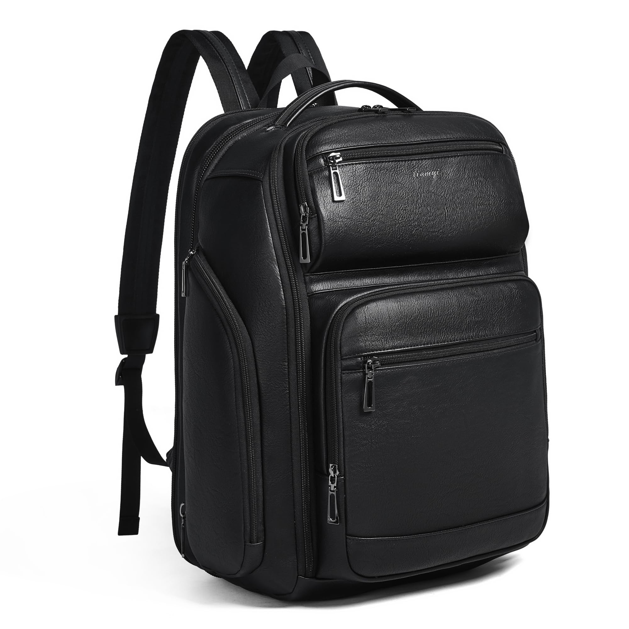 Veganer Lederrucksack, 40L Checkpoint-freundlicher Reiserucksack für Damen und Herren, geeignet für 17-Zoll-Notebook, mit Koffergurt und USB-Anschluss, Schwarz Laptop-Rucksäcke