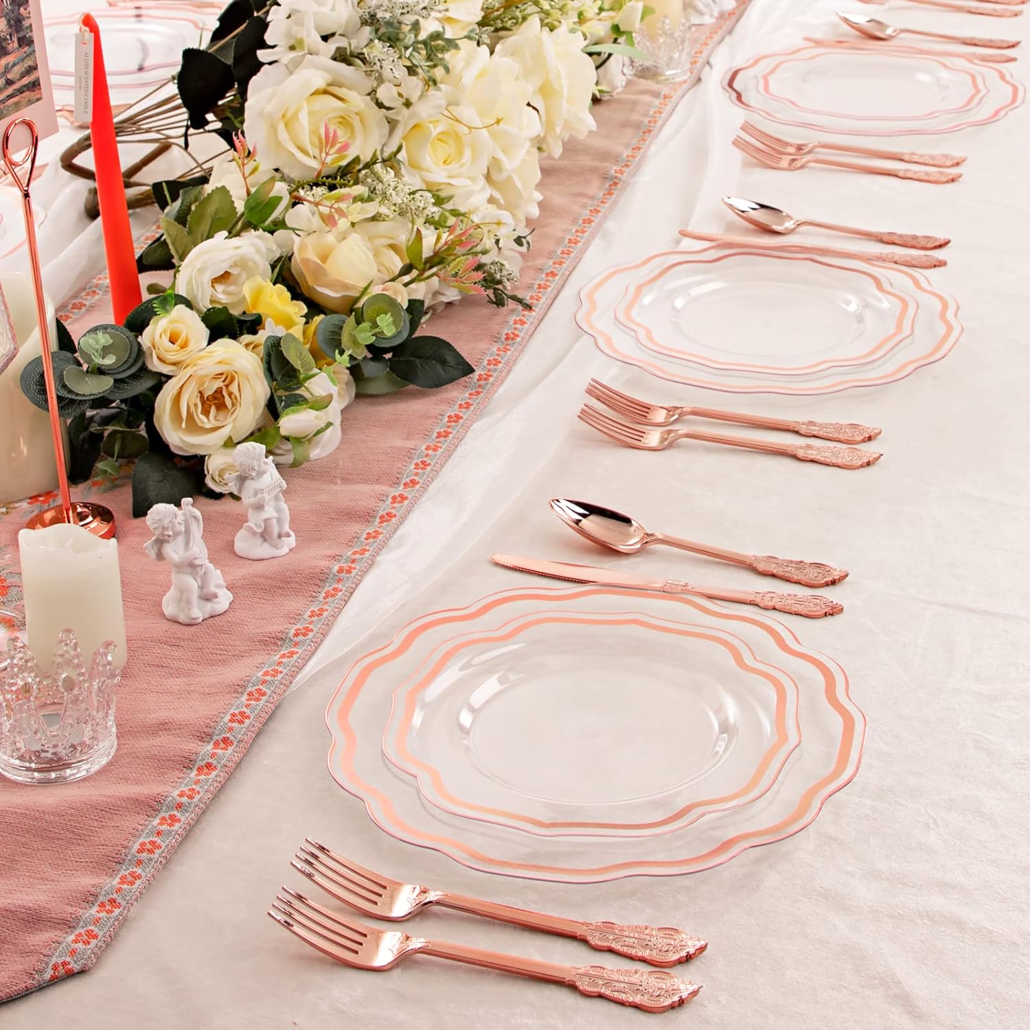 NOCCUR 150PCS Rose Gold Plastic Plates&Rose Gold Silverware-Include 30Dinner Plates, 30Salad plates, 90 Disposable Rose Gold Utensils- Ideal for Weddings/Party/Valentines Day - Image 6