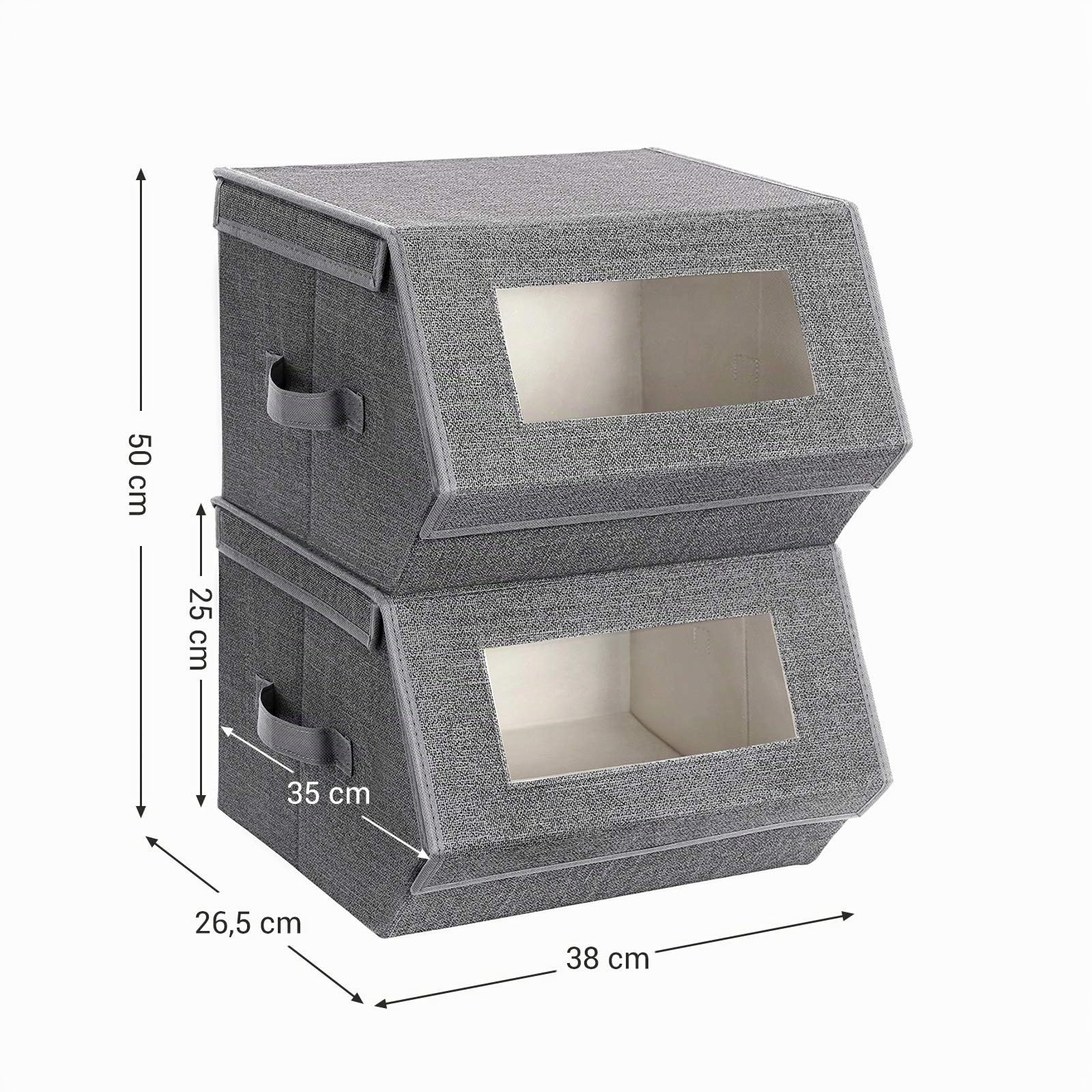 SONGMICS Set di 2 Scatole con Finestre Trasparenti, Contenitori Pieghevoli Impilabili di Tessuto con Coperchio Magnetico, Struttura Metallica e Manici Laterali, per Giocattoli, Grigio e Beige RPLB02G
