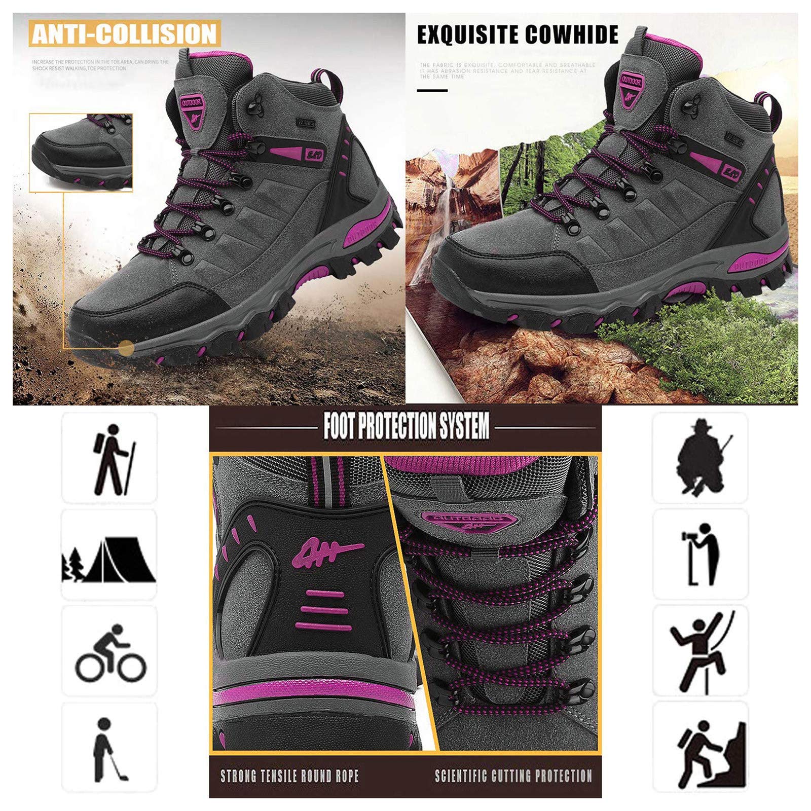 Chaussures de randonnée imperméables pour femme - Coupe large - Base épaisse - Confortables - Antidérapantes - Légères - Chaussures de marche pour sports de plein air