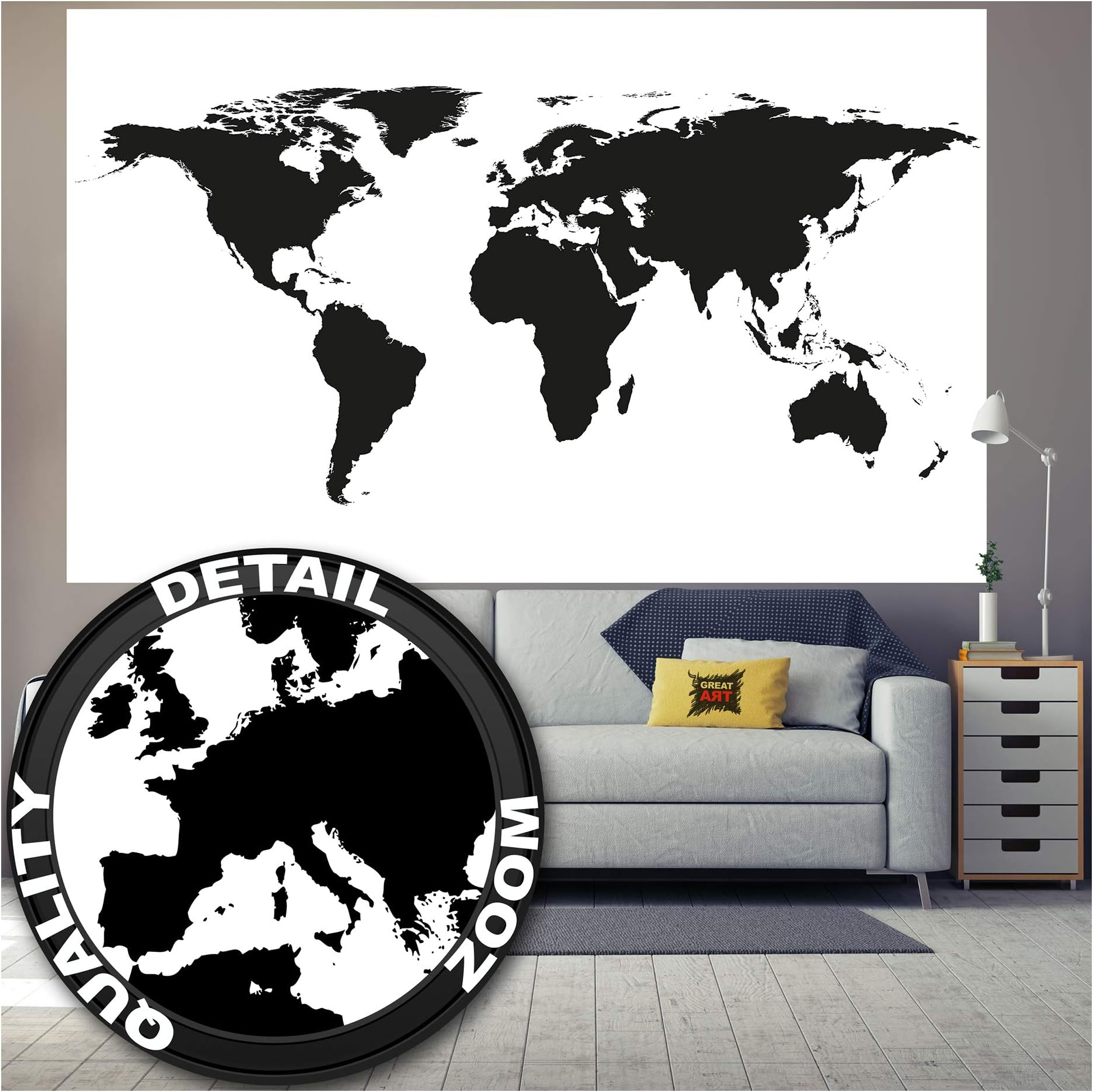 (140cm x 100cm - XXL Poster, 74 - Worldmap Black and White) - Great Art XXL Poster World map Black and White Wall Picture Decoration map Continents map of The World Globe Earth World Geography Wall Decor (55 Inch x 39.4 Inch/140 cm x 100 cm)