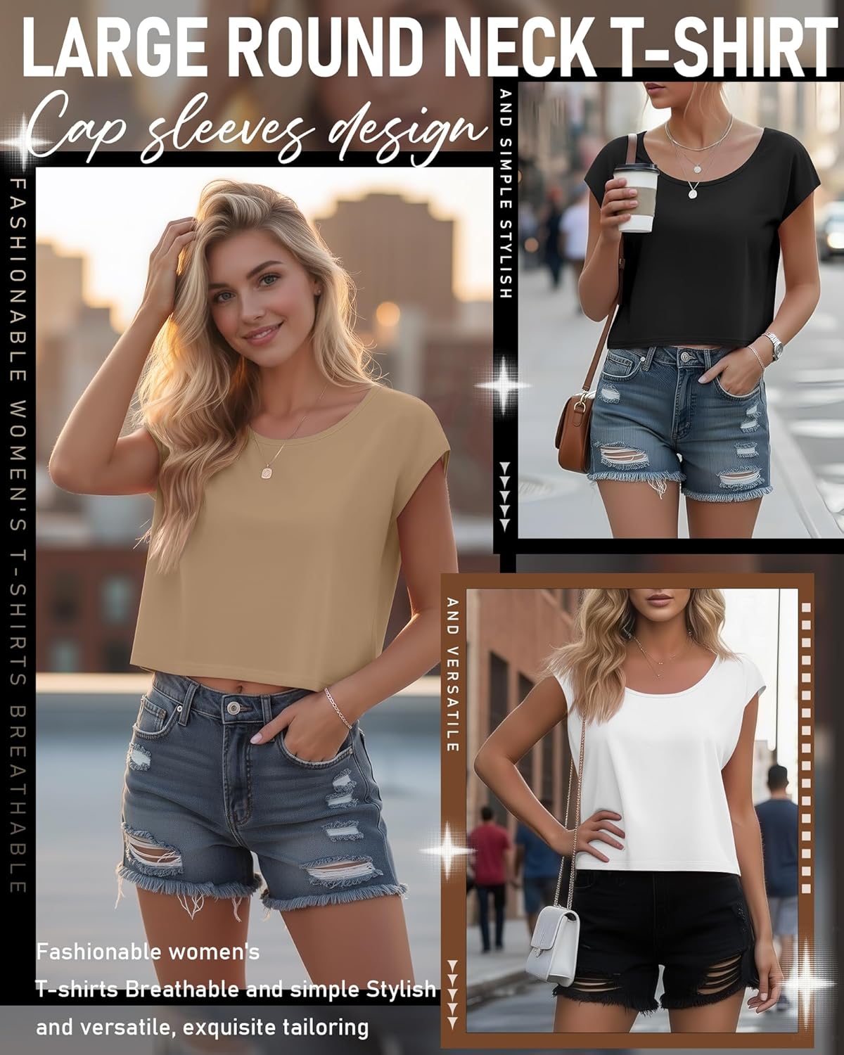 3 Pack Womens Cap Sleeve Tops Crop Loose Fit Round Neck Shirts Baggy Basic Casual Knit Tees Summer - Image 3