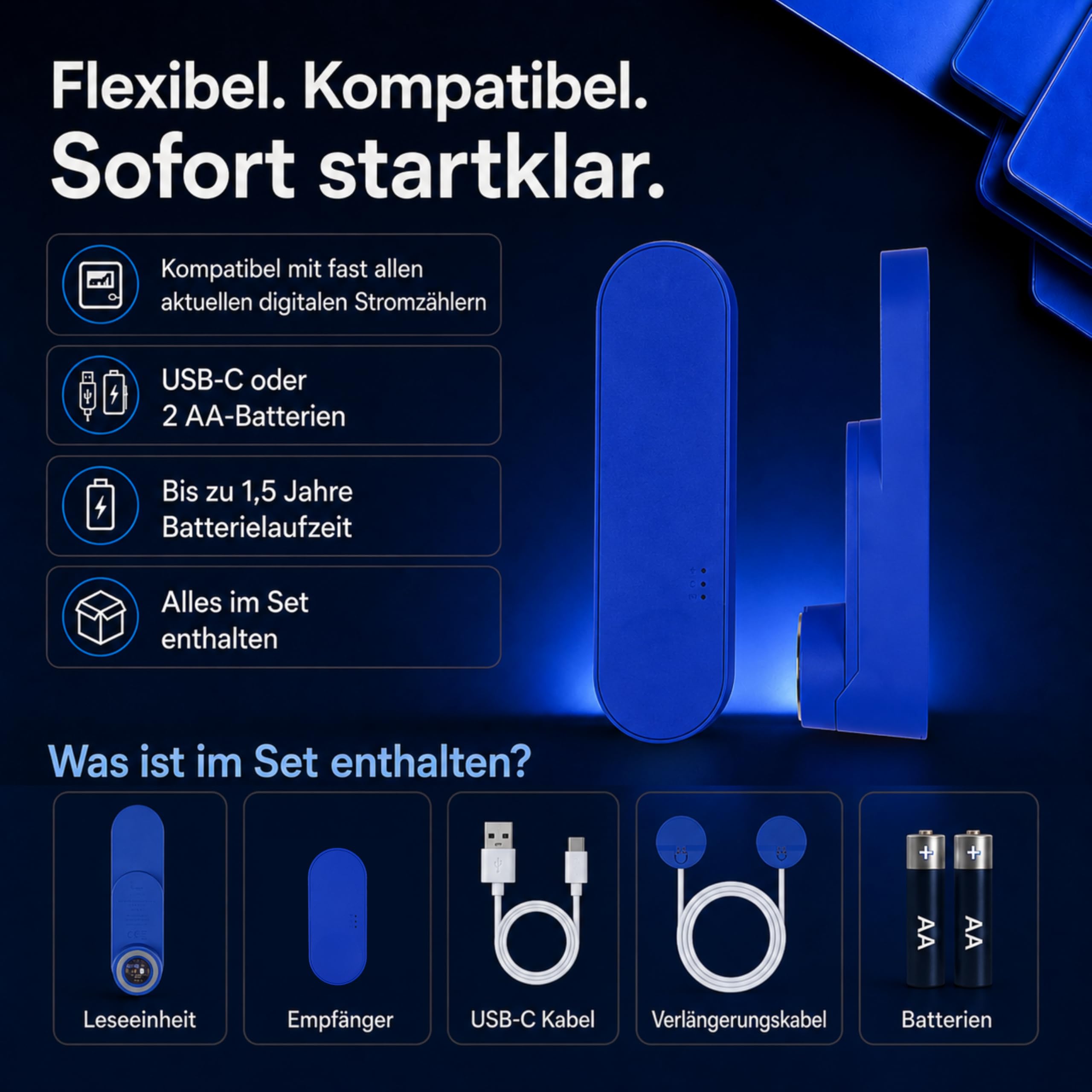 Smart Meter Kit - IR-Lesekopf mit App & WLAN Bridge - Stromzähler auslesen & Stromverbrauch messen - Verbrauch, Einspeisung, Home Assistant, Homey & Batteriespeicher - Batterie & USB-C