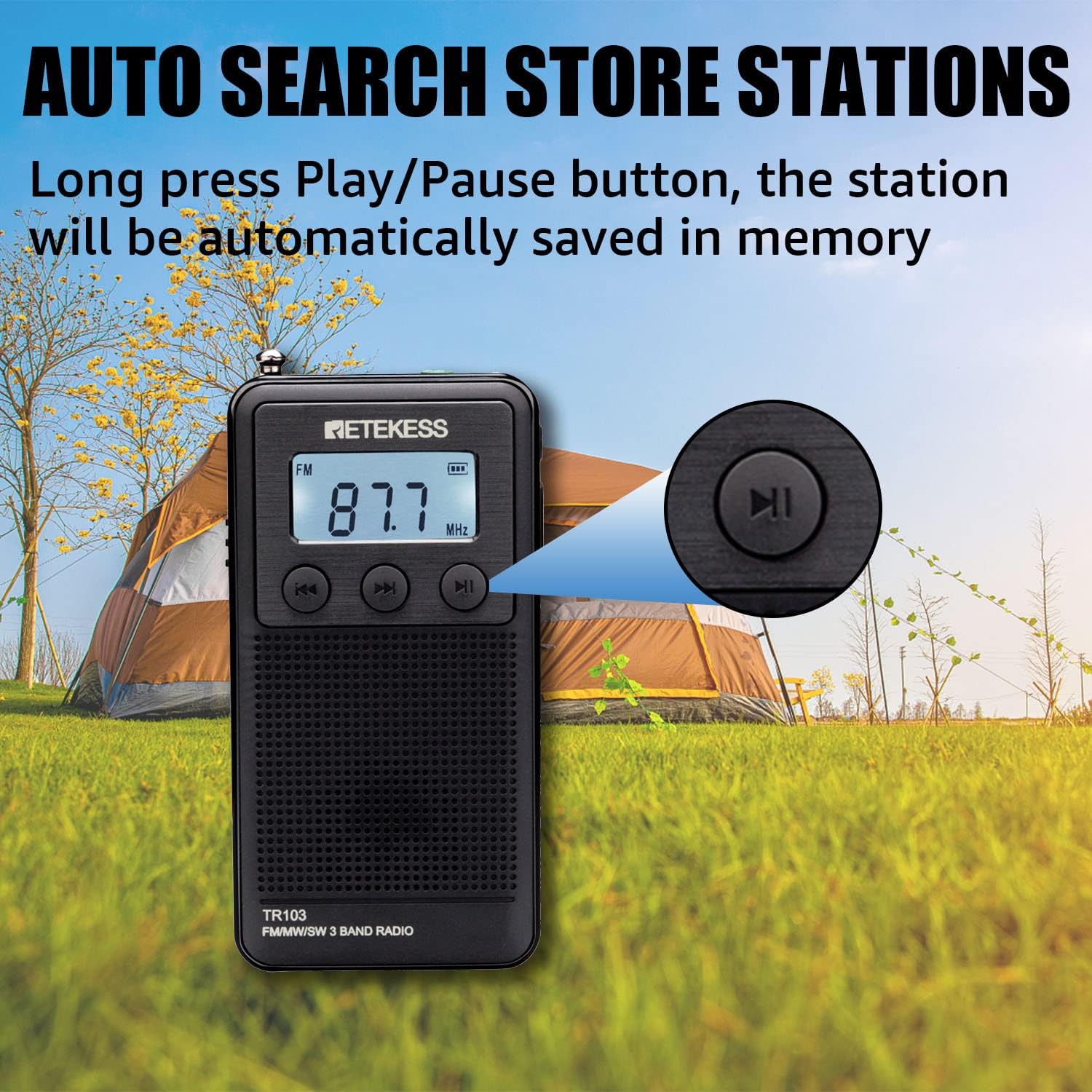Retekess TR103 radio with a highlighted Play/Pause button, indicating auto-search function