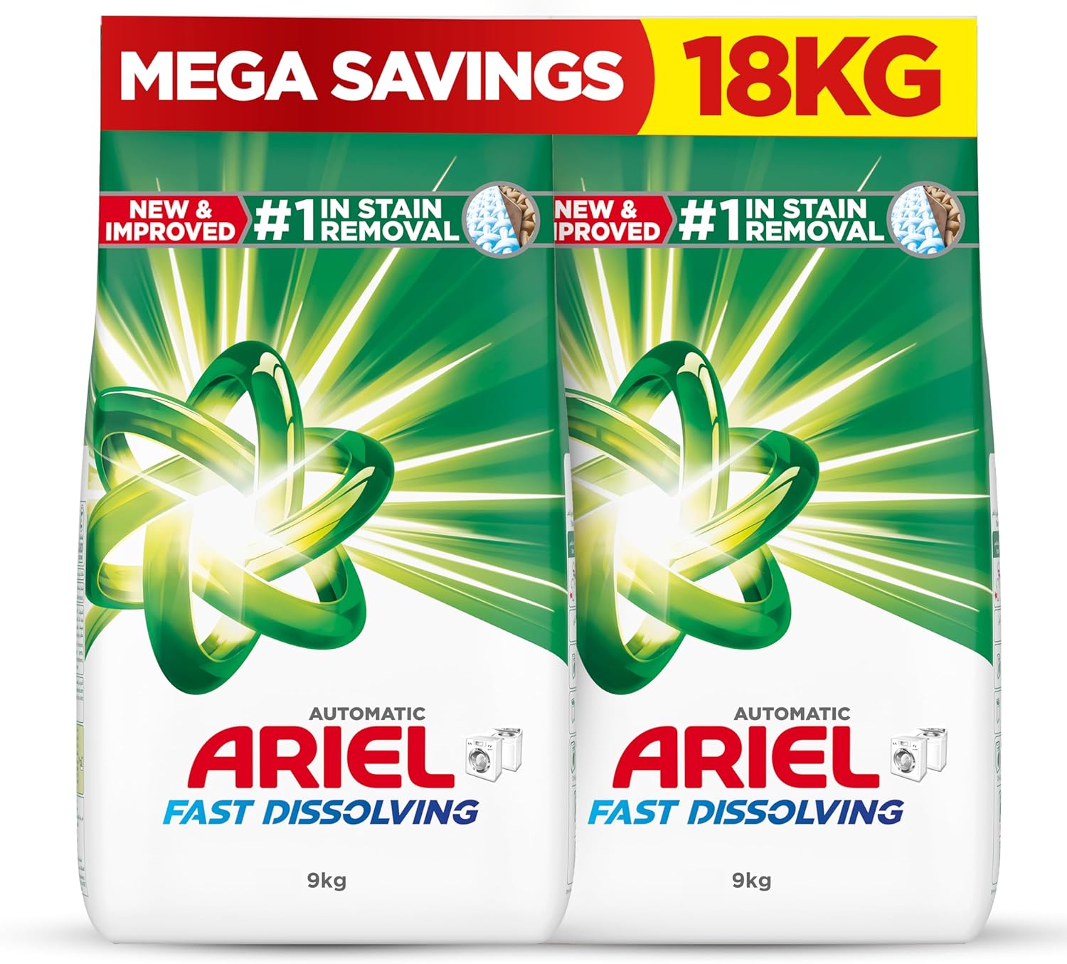 Ariel Fast Dissolving Laundry Detergent Powder, 9 KG x 2, Dual Pack, 18