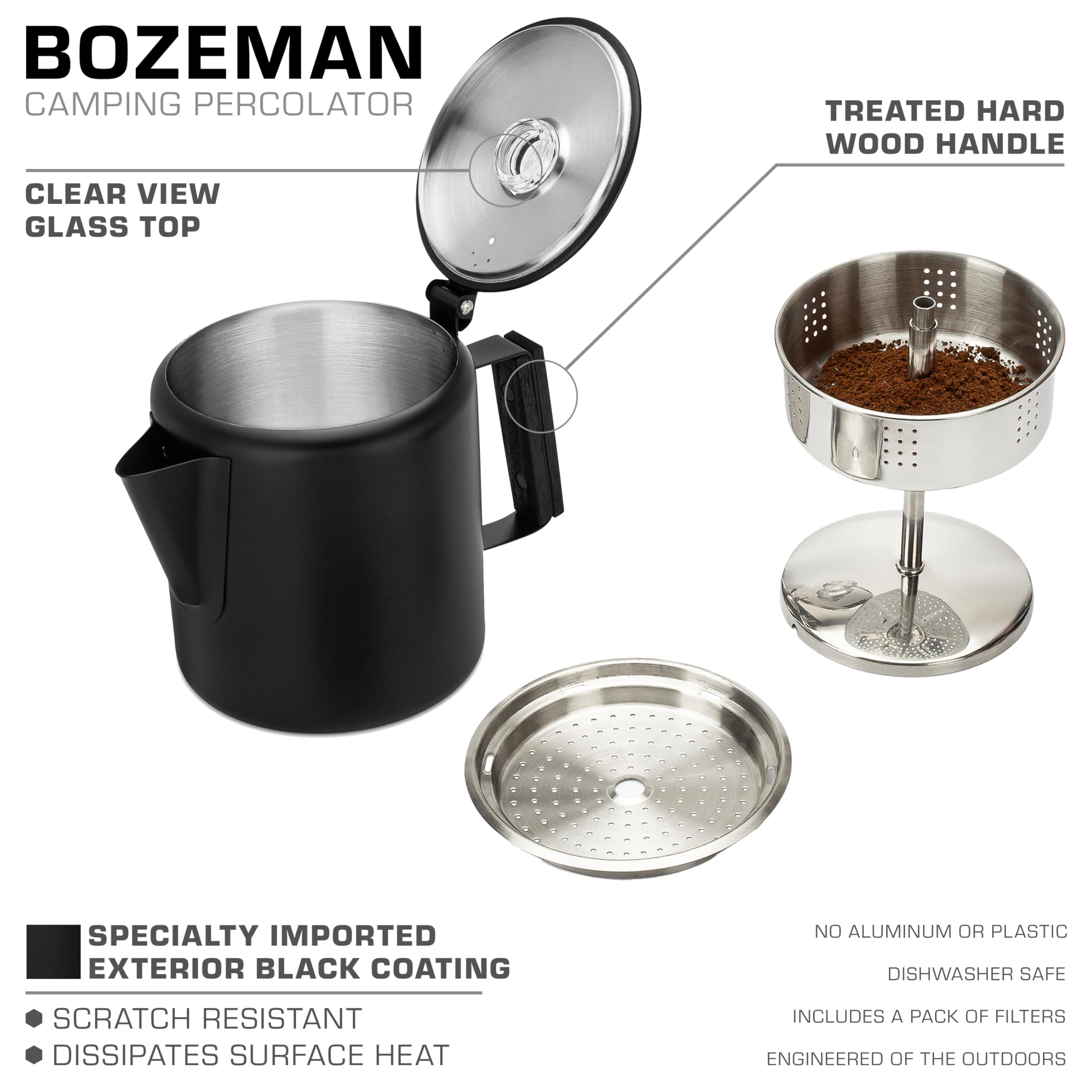 COLETTI Black Bozeman Percolator - Caffettiera da piano cottura, percolatore da campeggio in acciaio inox, senza alluminio o plastica (6 tazze)