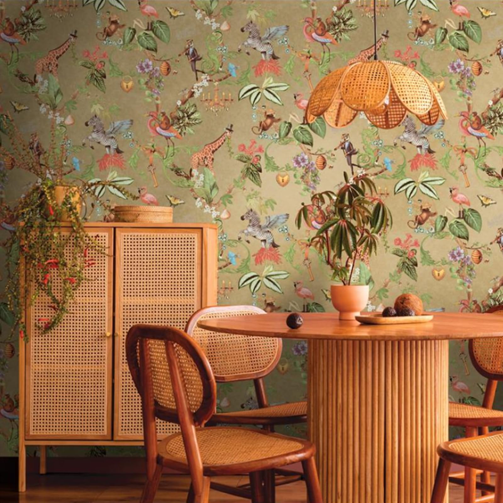 Gold Animal Safari Wallpaper Floral Zebra's Bee's Butterflies Feature Nursery