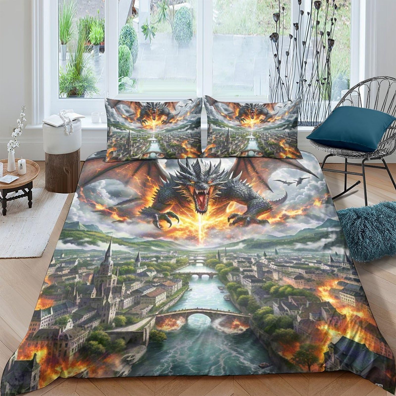Ctjqhvkz Style-1 3D Printed Fiery Dragon Fitted Sheet Microfiber Soft Breathable Burning City Mattress Cover For Bedroom Decor Single（135X200cm）