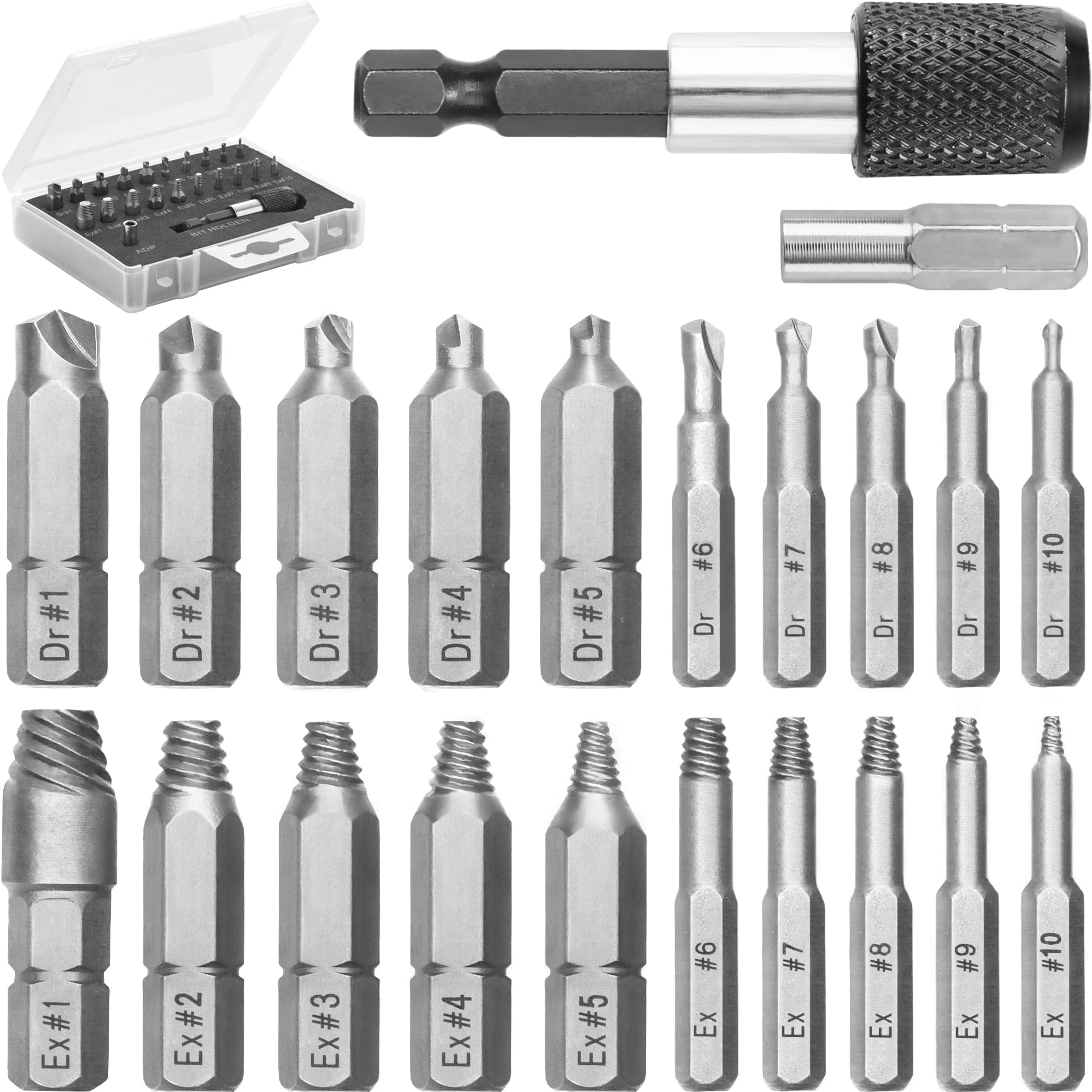 Screw Extractor Set for Stripped, Broken, Damaged Screws - 22 pc, Silver - Remover Kit w/Drill Bits, Extractors, Bit Extension & Socket Adapter