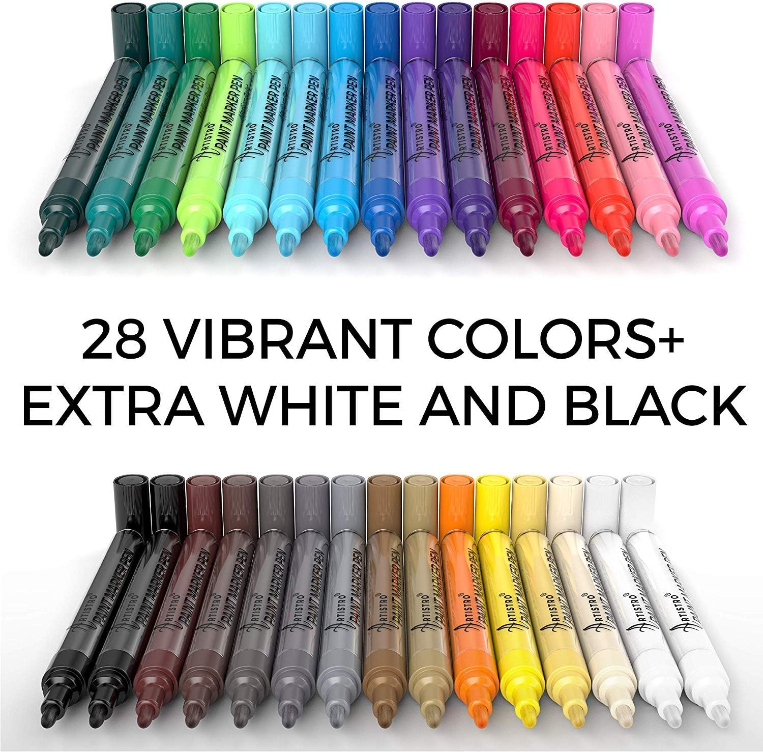 Acrylic Paint Markers Pens – 30 Acrylic Paint Pens Medium Tip (2mm) - Great for Rock Painting, Wood, Fabric, Card, Paper, Ceramic & Glass - 28 Colors + Extra Black & White Paint Marker Set : Arts, Crafts & Sewing