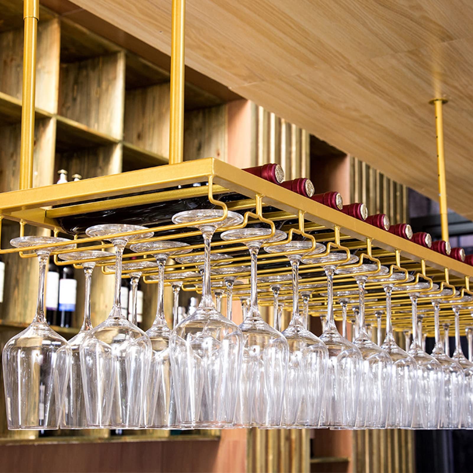Casier à vin plafond métal doré et porte-gobelet suspendu pour cuisine