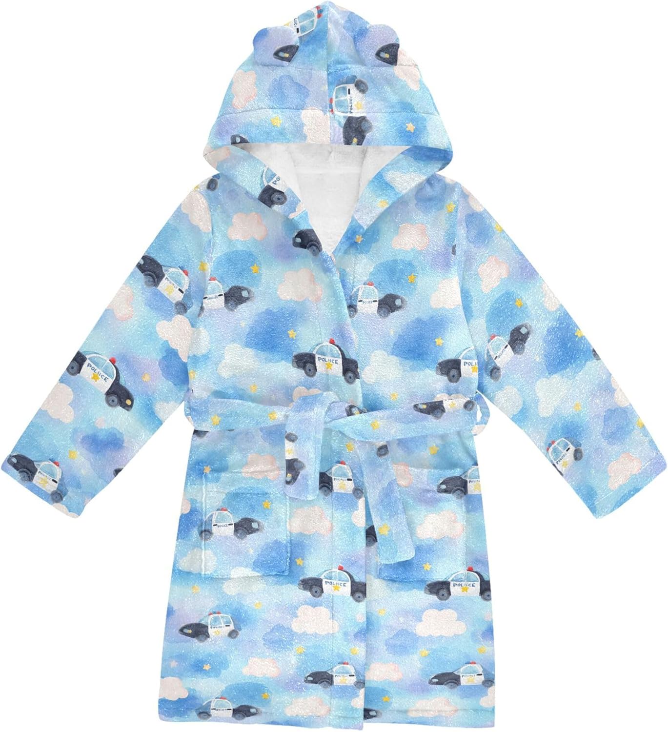Police Car Watercolor Star Bathrobe Hooded PJ Robe Plush Fleece Robe Pajama Sleepwear 2-12 Years