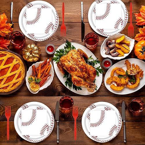 Miniatura 7 de 96 platos de papel de béisbol y servilletas para fiesta, platos de fiesta de béisbol, servilletas y tenedores, juego de vajilla desechable para