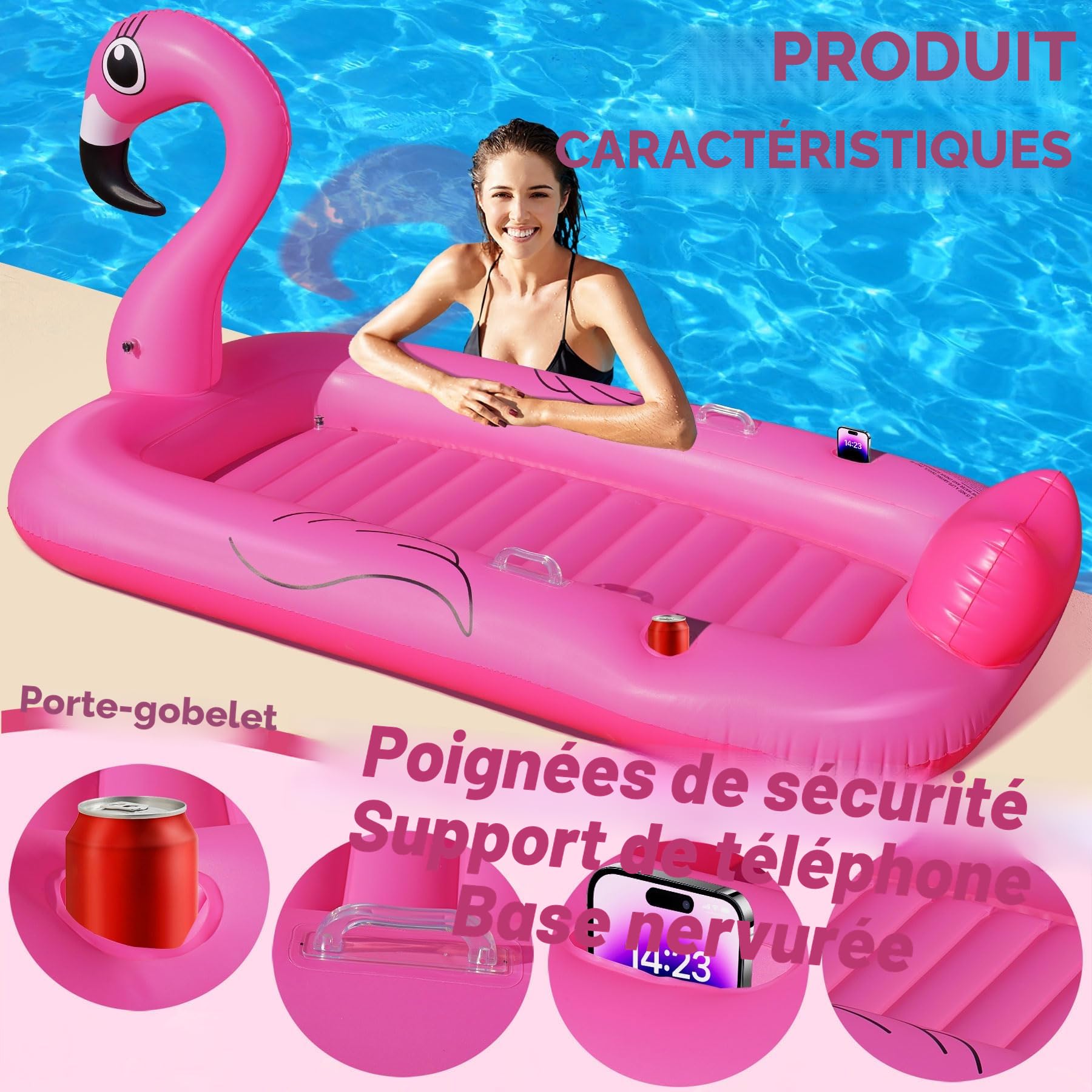 DeeprBling Matelas Piscine Gonflable Flamant Rose, Bouée Piscine Adulte épais avec Poignée, Porte-Boisson et Porte-Téléphone, Matelas Gonflable Bronzage Flamant Rose, Piscine de Bronzage pour Adultes