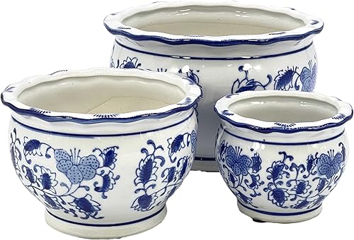 Galt International Juego de 3 macetas de cerámica de porcelana floral azul y blanca con diseño chino asiático disponible en Yaxa Colombia